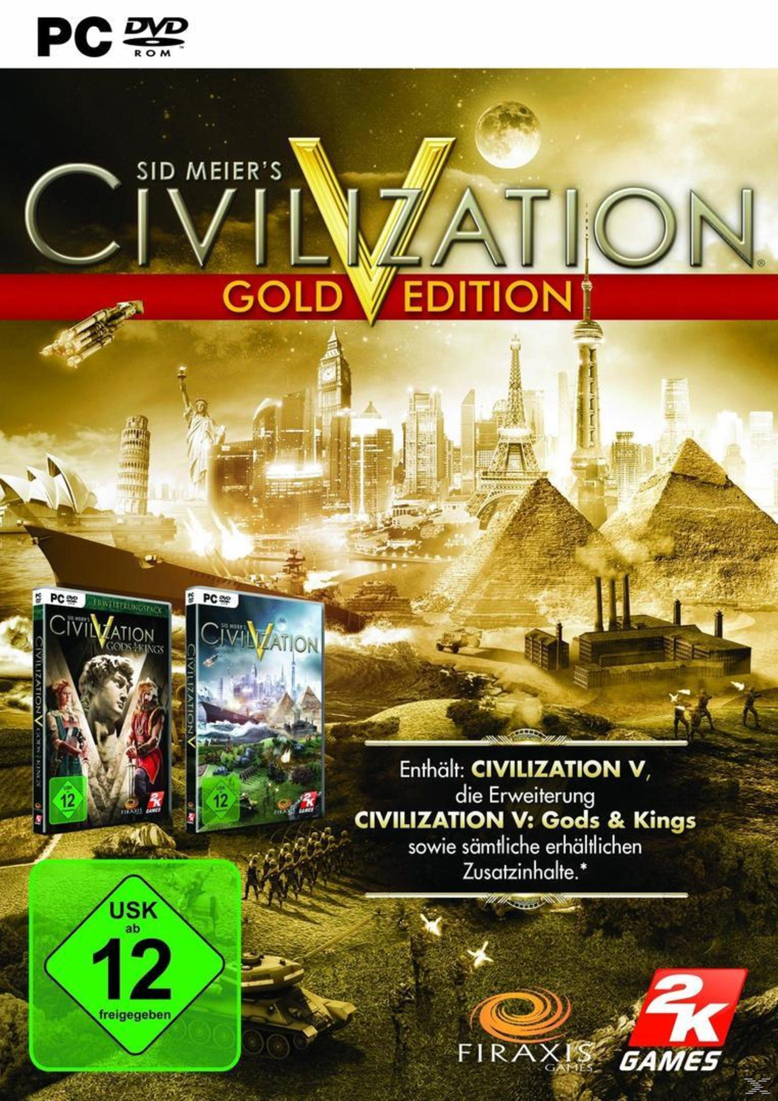 Civilization V Gold Edition PC-Spielbox. Skyline im Hintergrund. USK 12 Logo. Menschen und Gebäude im Vordergrund.