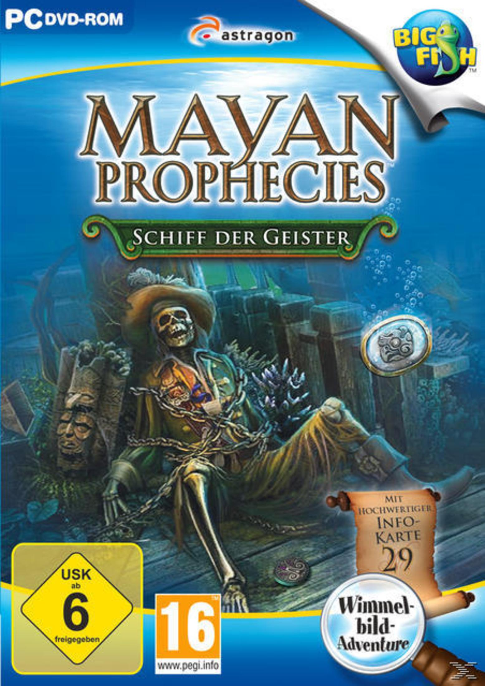 Spielbox mit Skelett in Piratenoutfit. Titel: Mayan Prophecies. USK-Einstufung und Big Fish Games Logo.