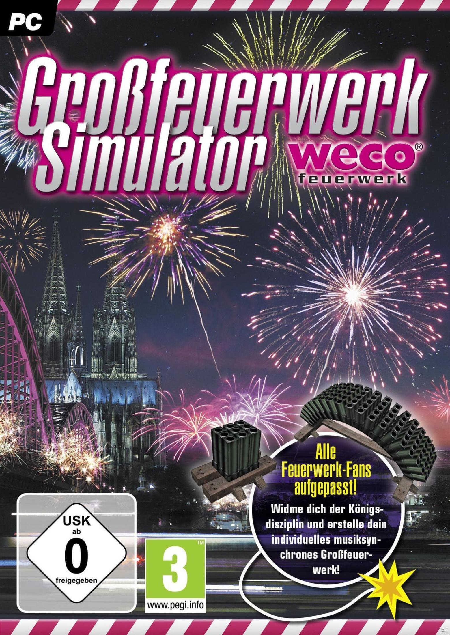 Großfeuerwerk Simulator Spielcover: Feuerwerk über einer Stadt, bunte Explosionen, Nachthimmel.