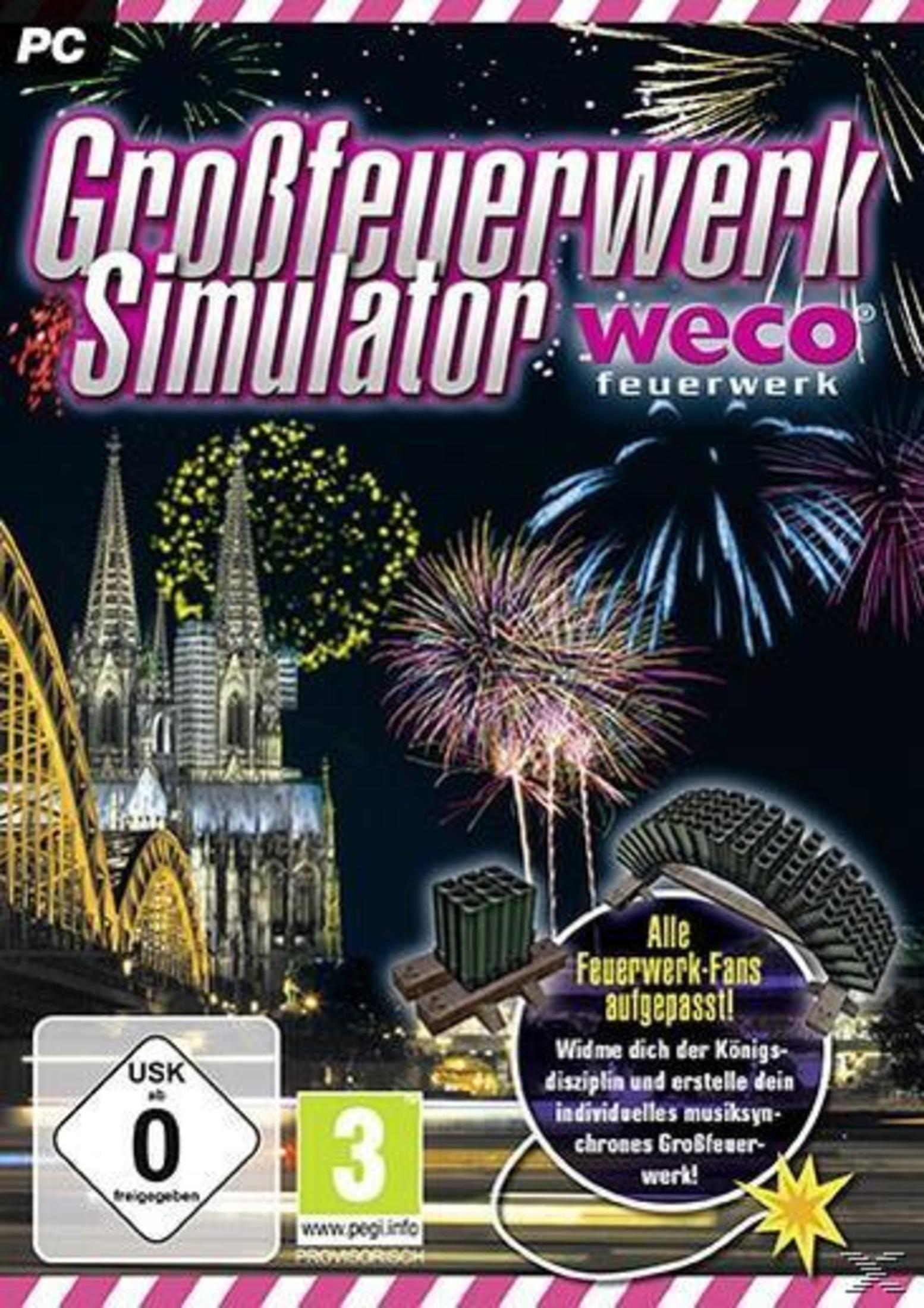 Spielbox-Art für Großfeuerwerk Simulator, mit Feuerwerk über einer Stadt mit einer Burg.