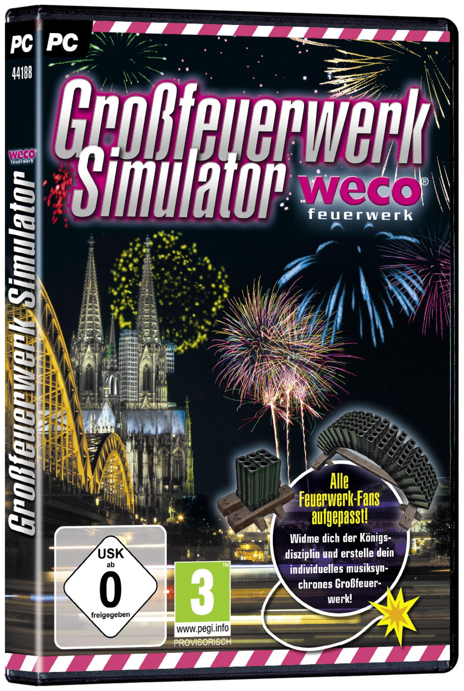 Spielbox zeigt Feuerwerk über einer Stadt mit dem Text 'Großfeuerwerk Simulator'.