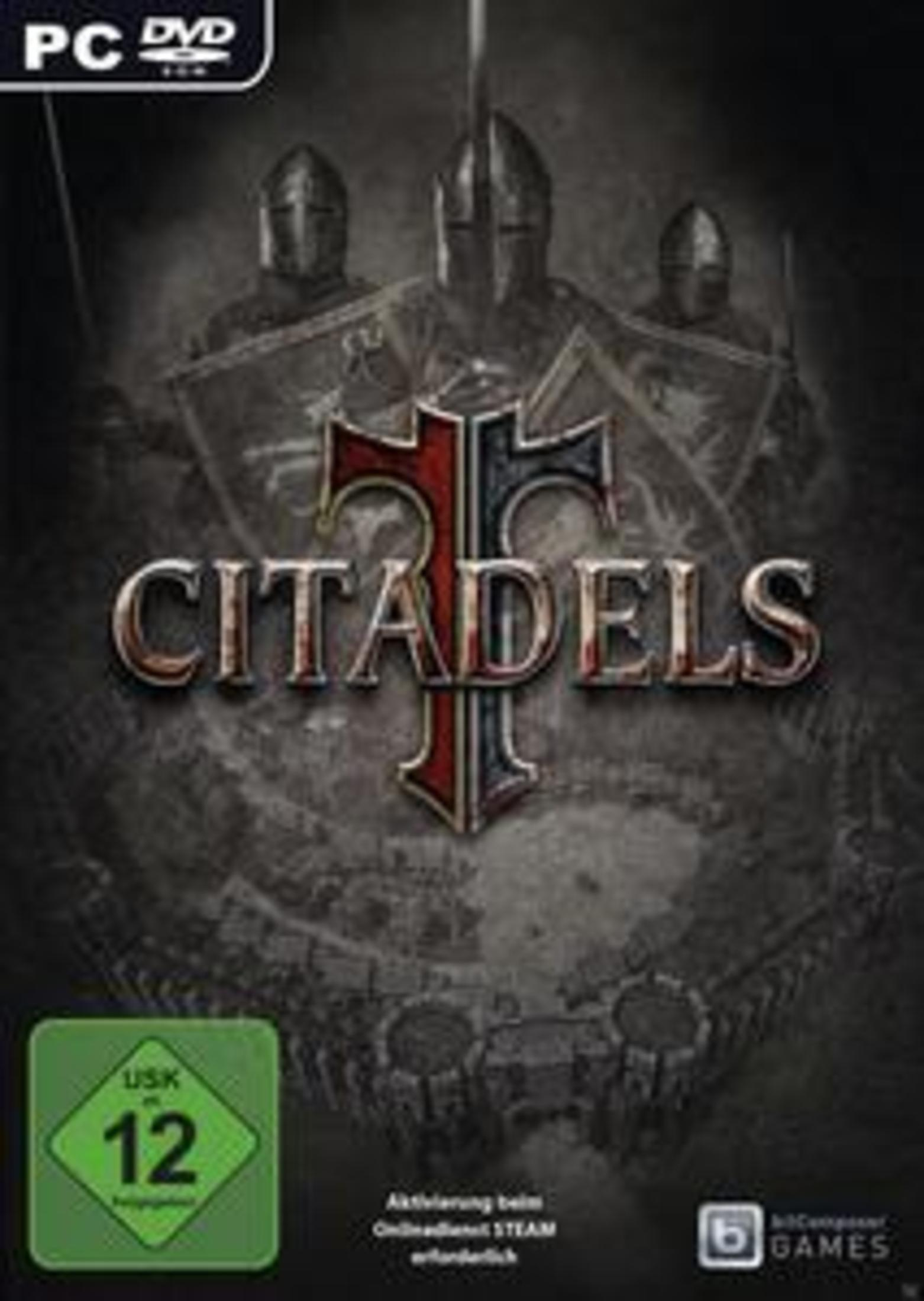 Spielcover mit Rittern in Helmen und dem Wort CITADELS. PC- und DVD-Logo vorhanden. Grünes USK 12-Label.