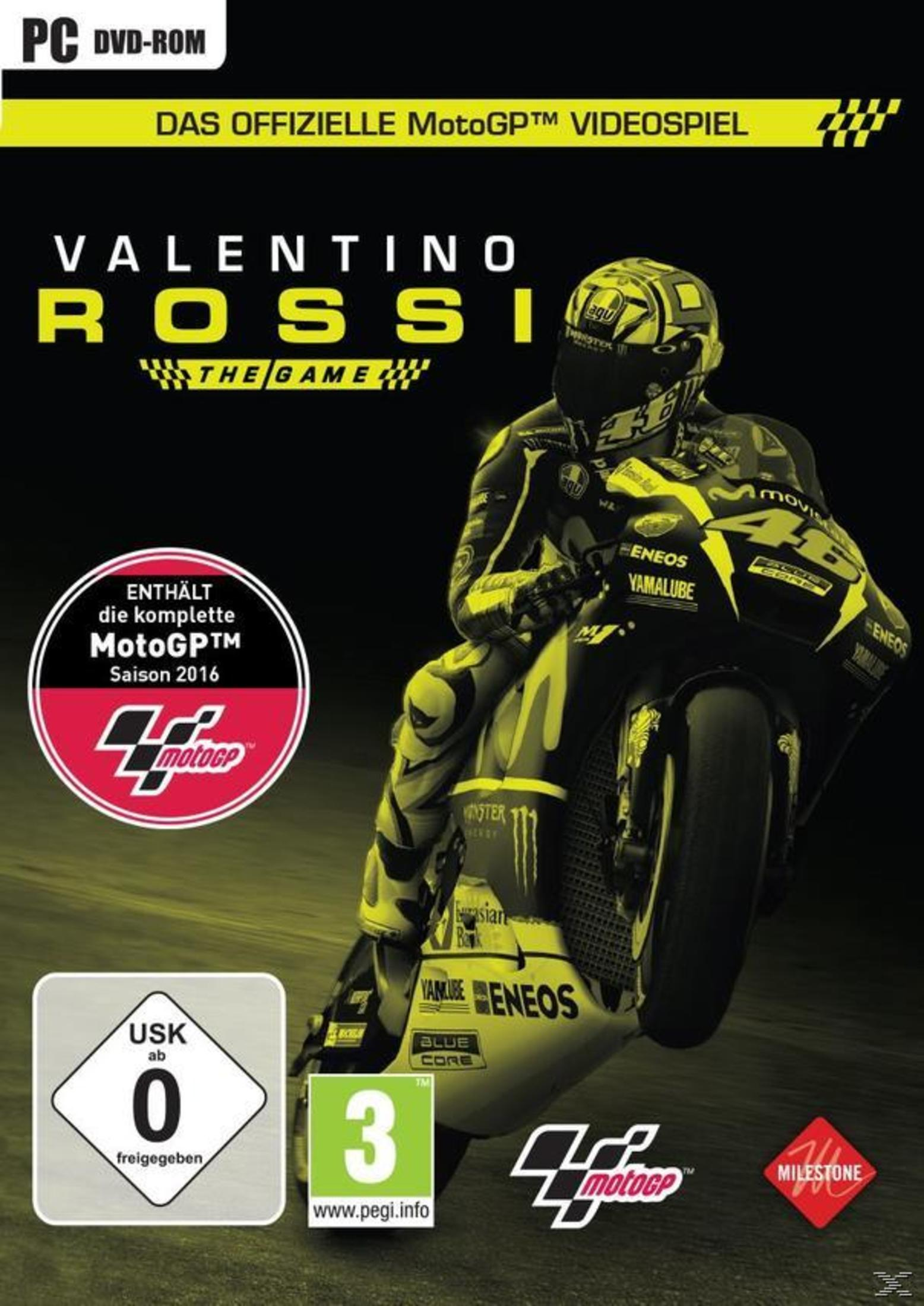 Spielcover für Valentino Rossi: The Game, zeigt Rossi auf einem Yamaha-Motorrad. Schwarzer Hintergrund mit Spieletitel.