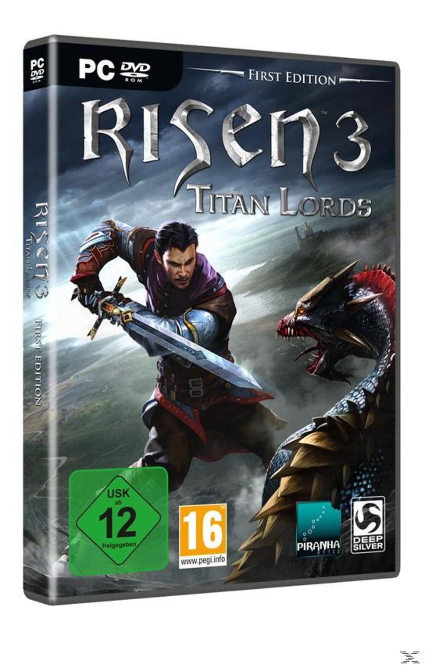 Risen 3: Titan Lords Spielcover, zeigt einen Mann mit Schwert gegen einen Drachen, auf schwarzem Hintergrund.