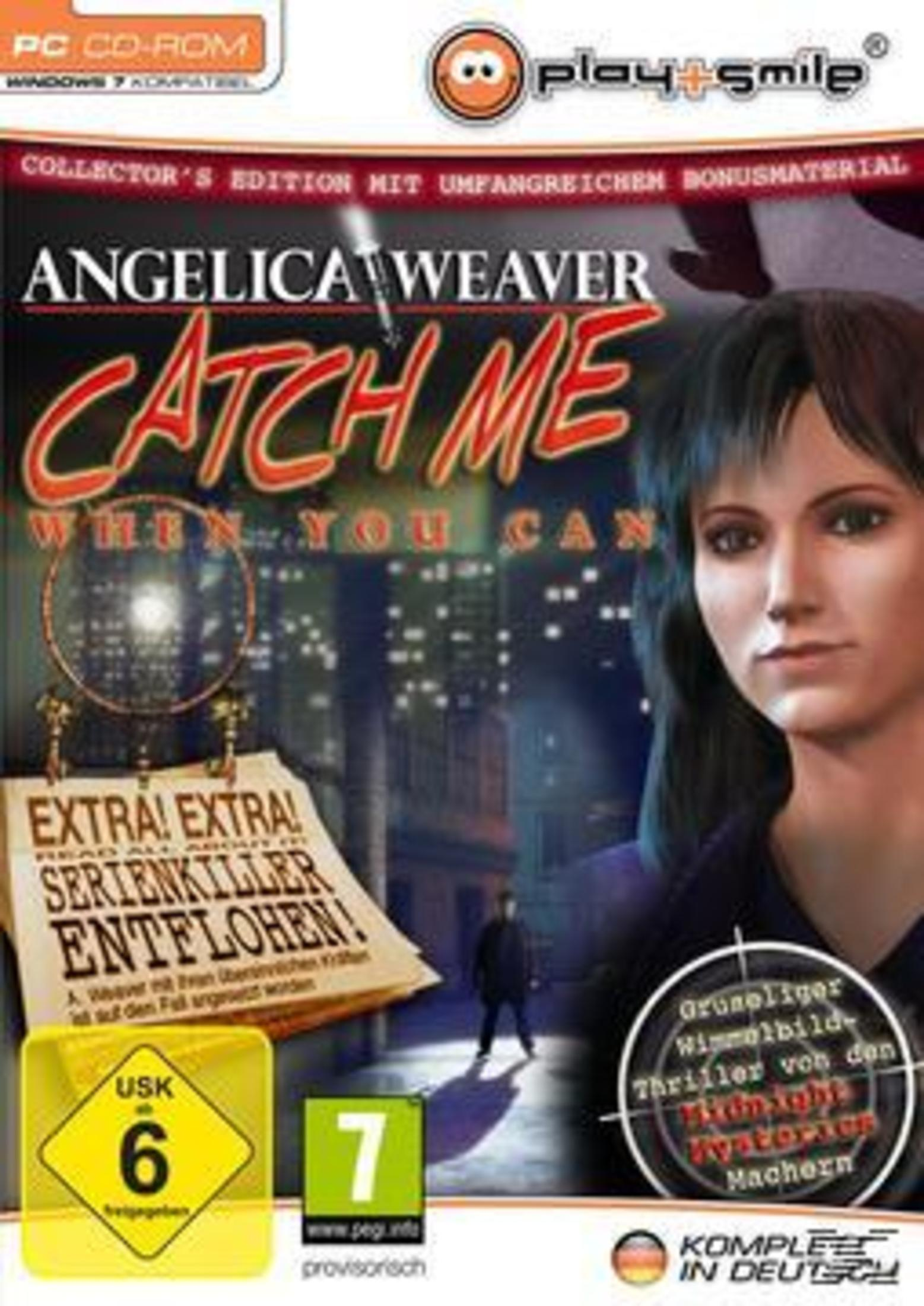 Spielecover für "Angelica Weaver: Catch Me When You Can". Enthält das Gesicht einer Frau, Text und Stadt.