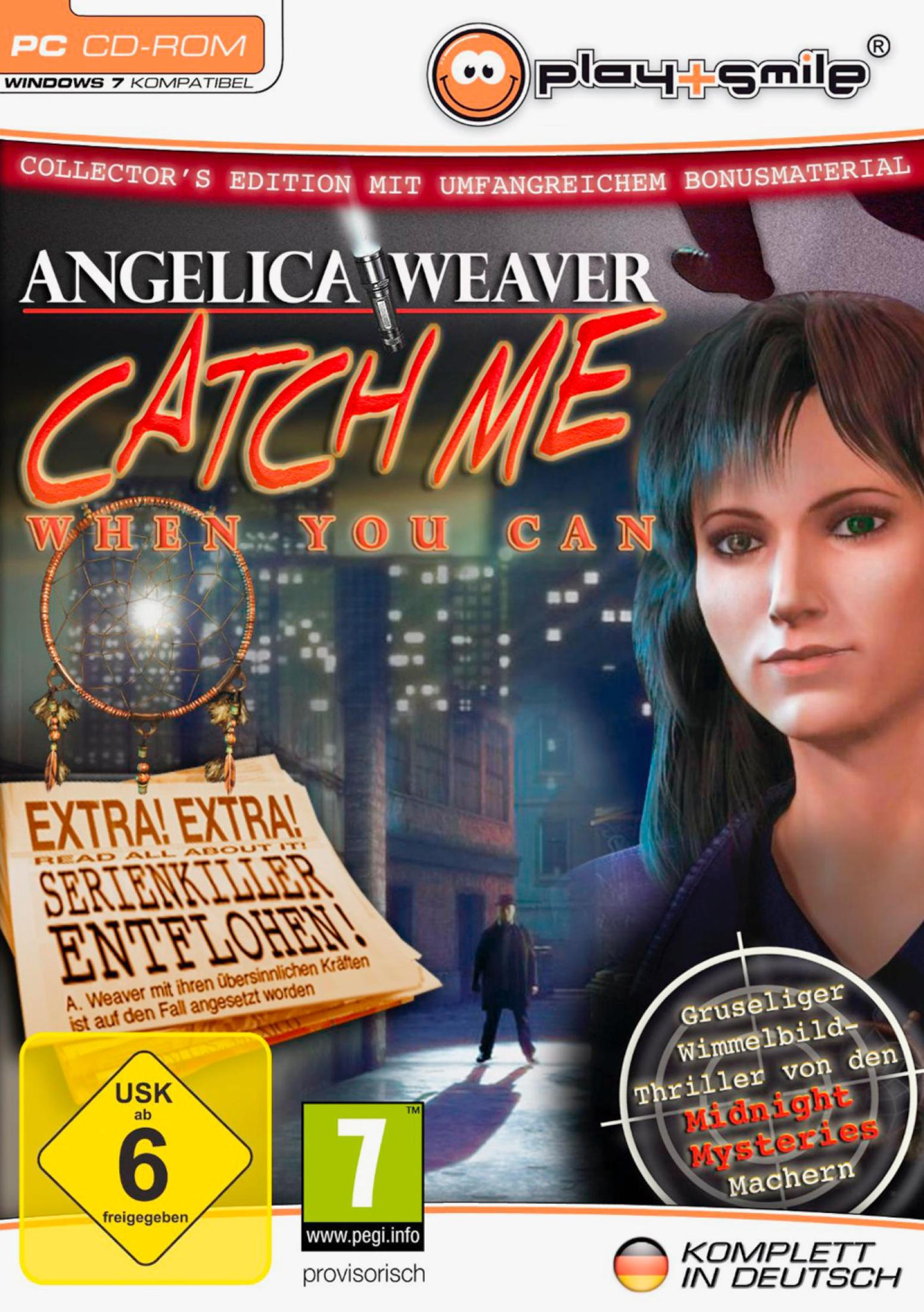 Spielbox-Art. Frauenporträt, der Titel lautet Angelica Weaver Catch Me When You Can.