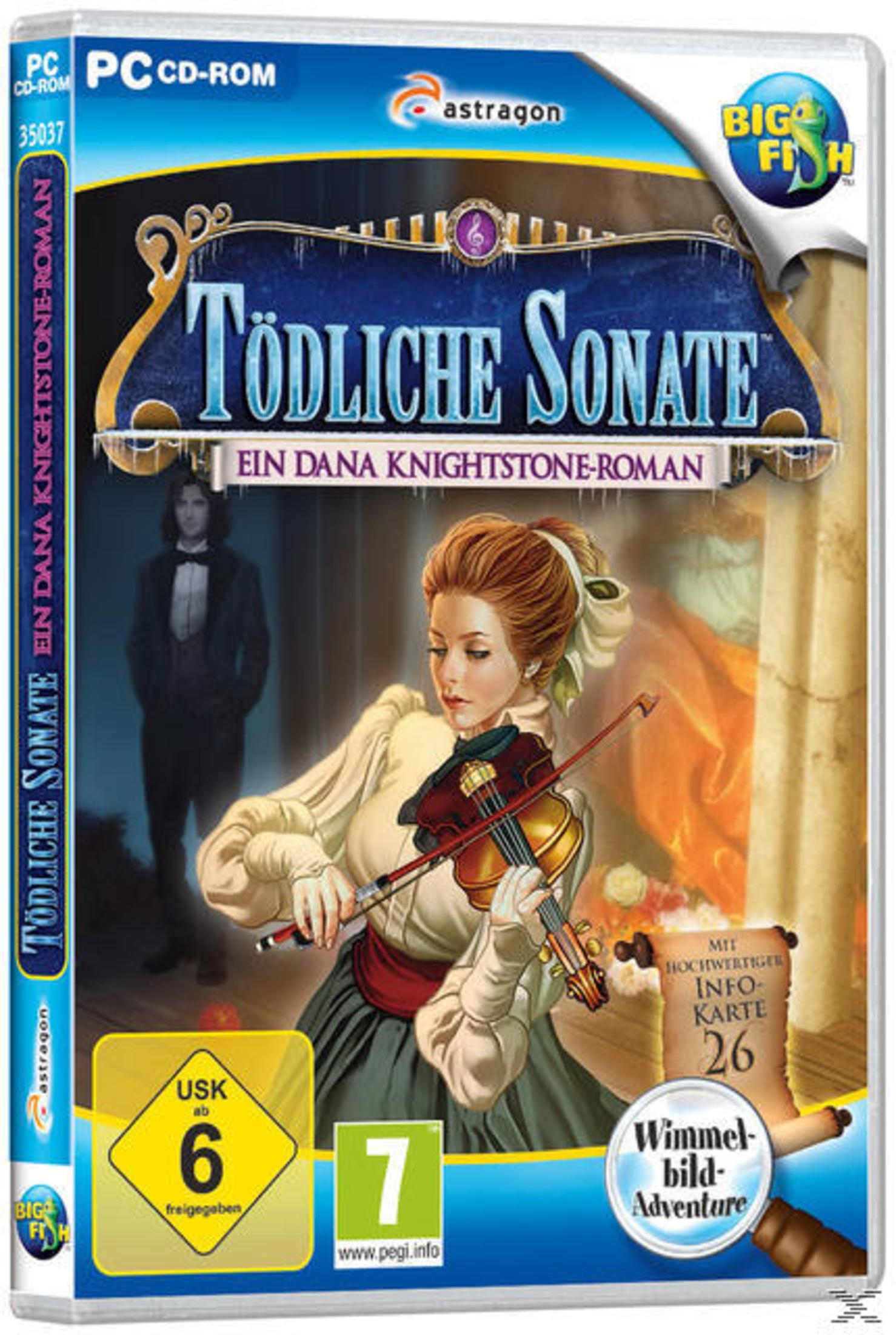 Spiele-Cover: Eine Frau spielt Geige in verschneiter Umgebung. Der Spieletitel lautet 'Tödliche Sonate'.