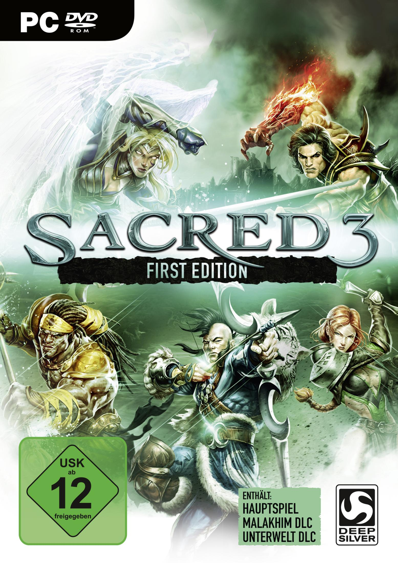 Spielbox-Art für 'Sacred 3' mit Fantasy-Charakteren, Titel und Spielelogo.