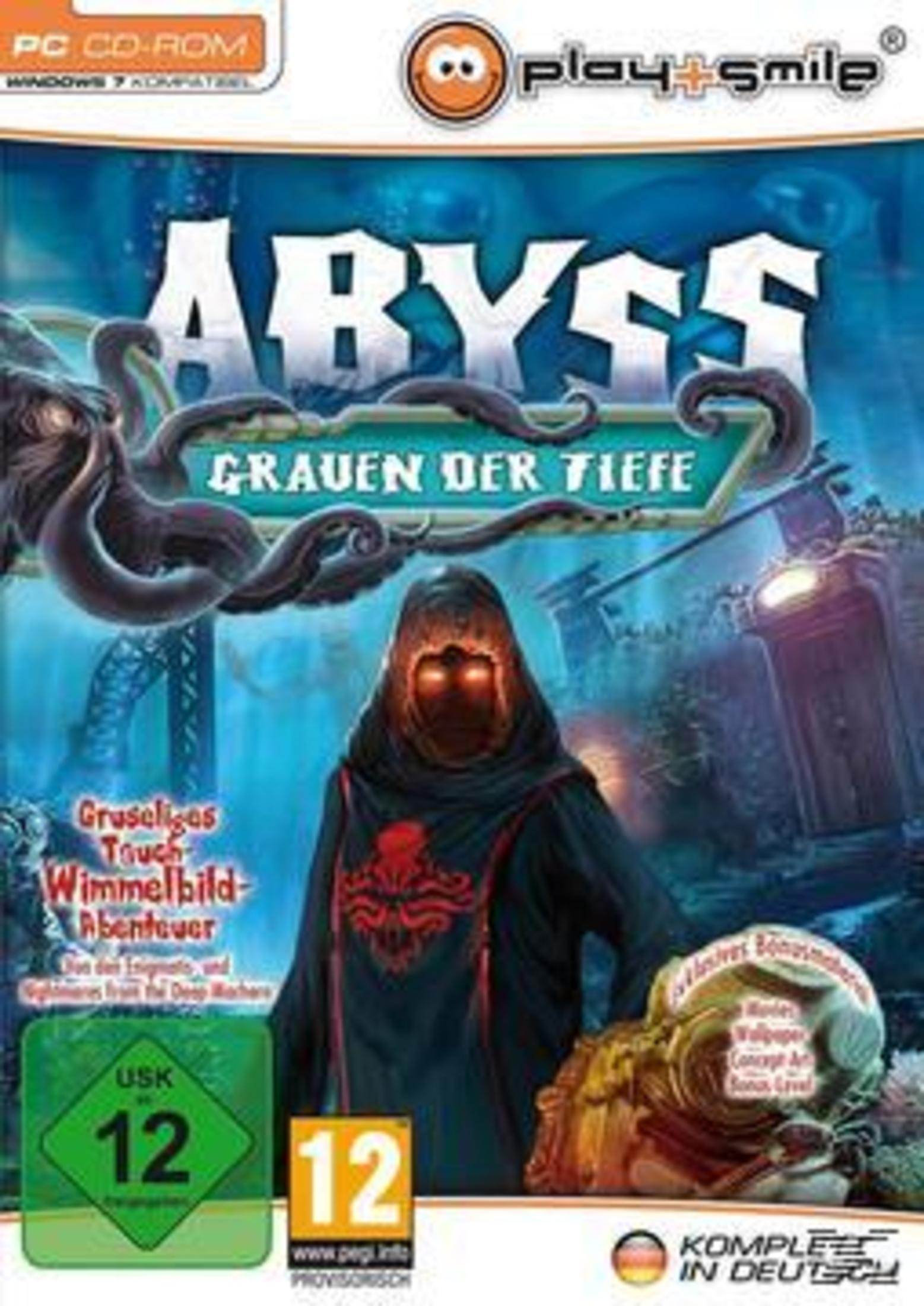 Abyss: Grauen der Tiefe Spielcover. Figur mit Kapuze, Krake, dunkle Szene. Das Spiel ist ein Abenteuer.