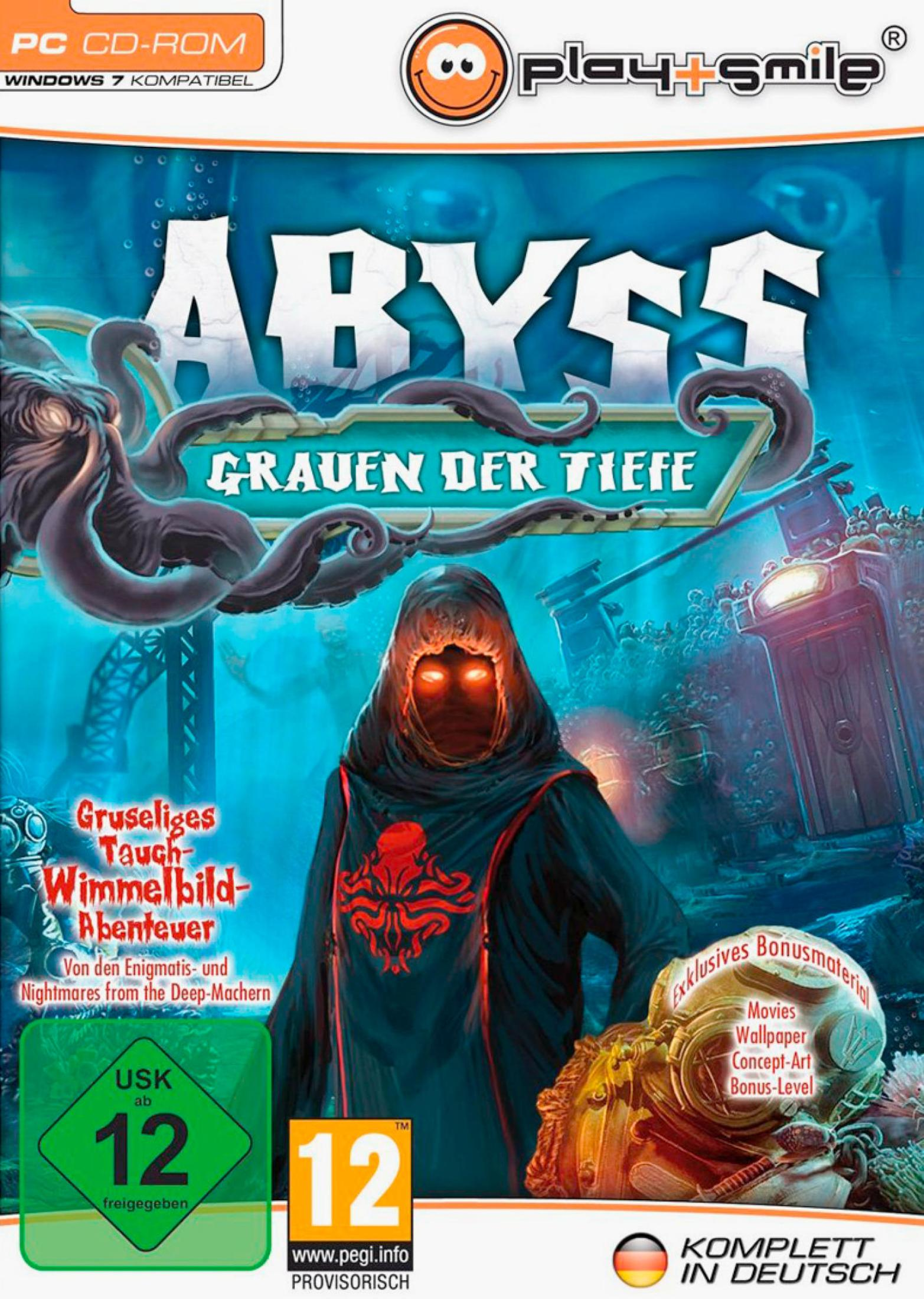 Spielcover: Abyss, mit einer Kapuzenfigur. Enthält einen Oktopus, ein U-Boot und eine Unterwasserszene.