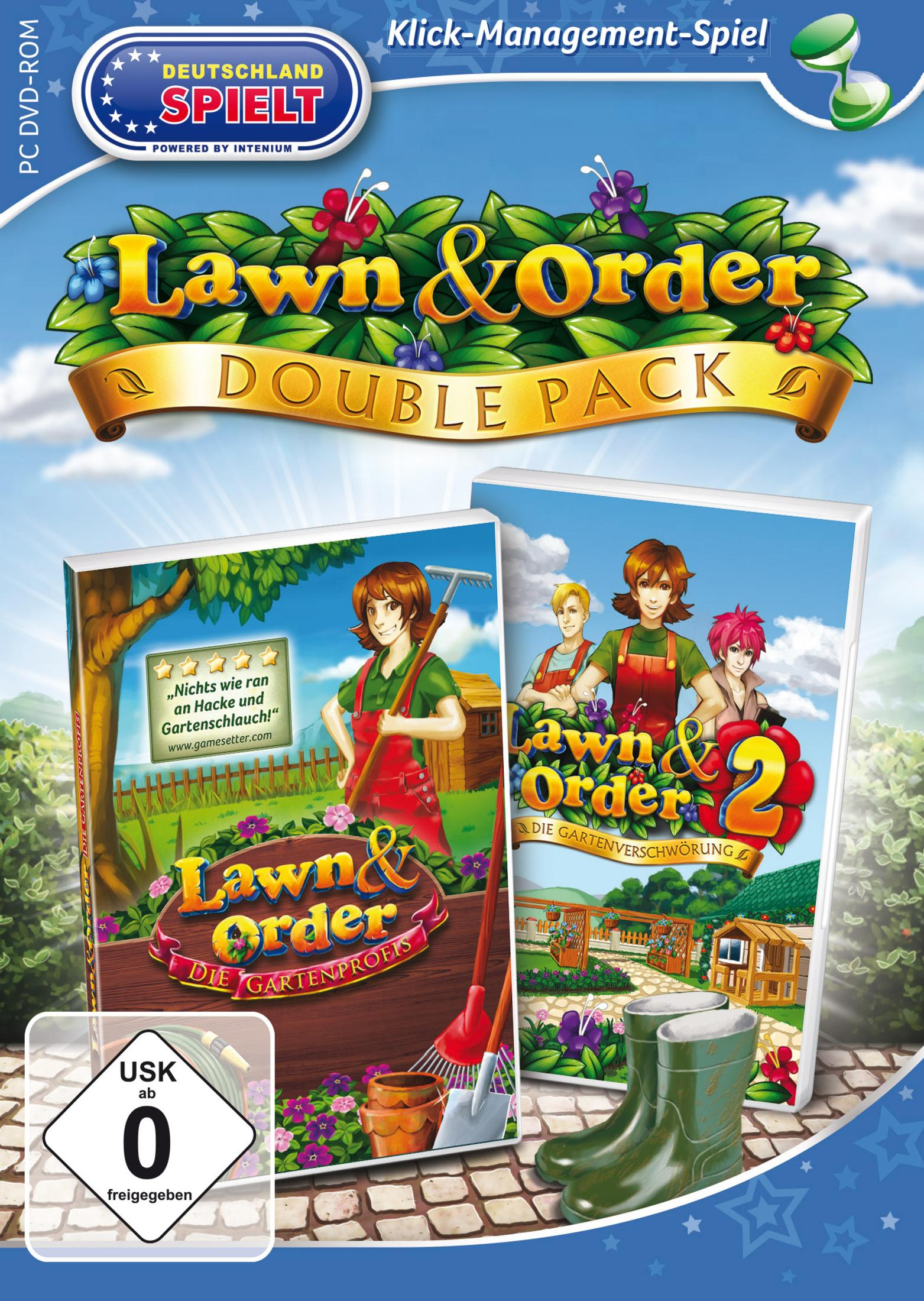 Spielcover mit zwei Spielboxen, Rasen & Ordnung und Rasen & Ordnung 2, mit Cartoon-Charakteren.