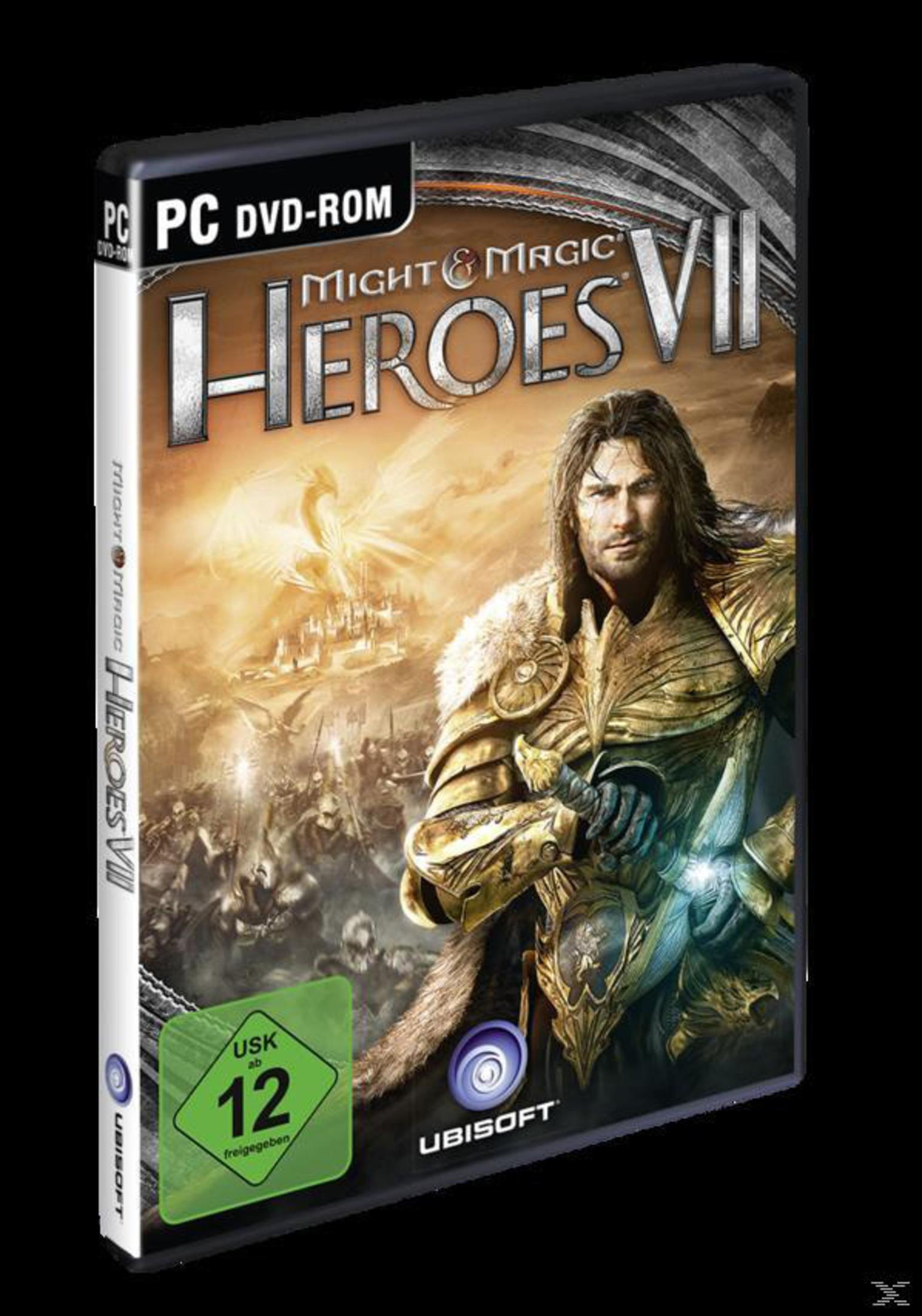 Eine Spielbox mit einem Mann in goldener Rüstung. Der Titel des Spiels ist „Might & Magic Heroes VII“. Die Box ist in einem Gehäuse.