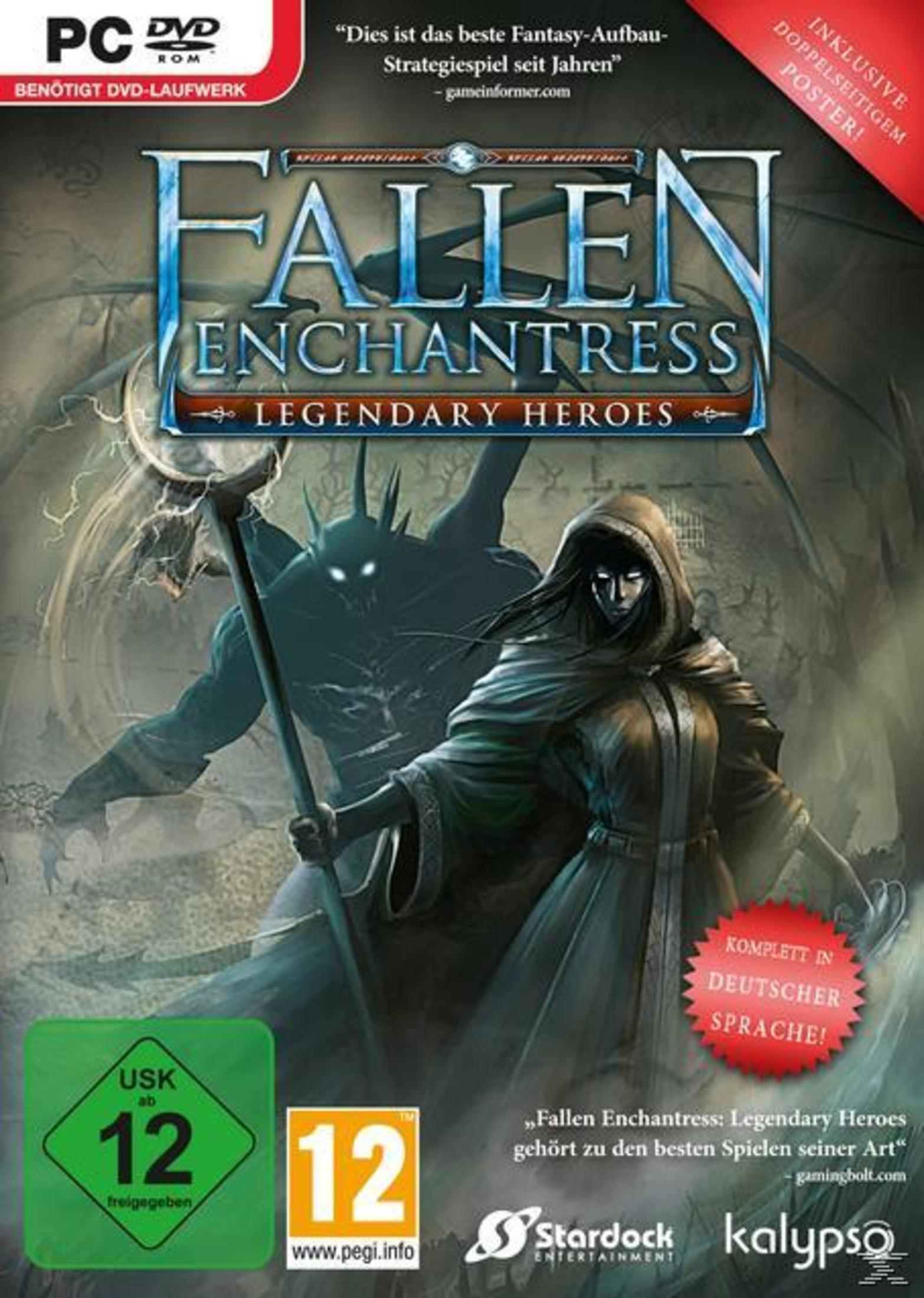Ein Spielcover für 'Fallen Enchantress: Legendary Heroes' mit einer Kapuzenfrau und einer schattenhaften Figur.