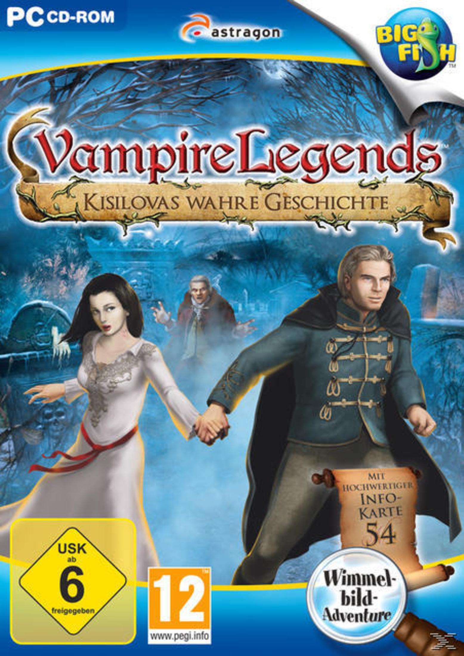 Spielcover von Vampire Legends. Ein Mann und eine Frau rennen, im Hintergrund ein Vampir.