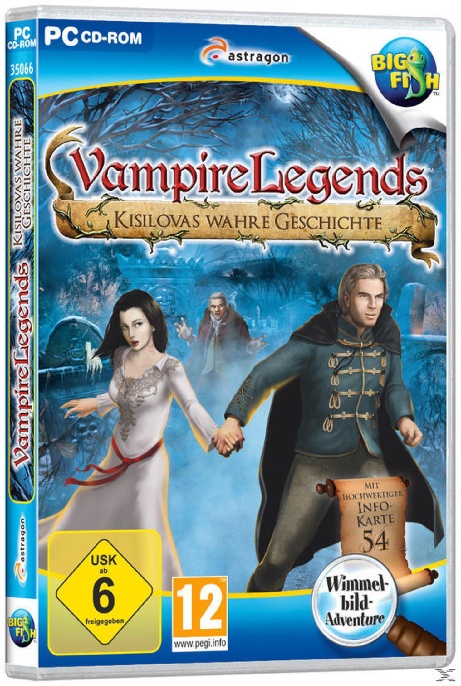 Eine Spielbox für 'Vampire Legends: Kisilovas wahre Geschichte' auf PC, mit Vampirthema und USK-Bewertung.