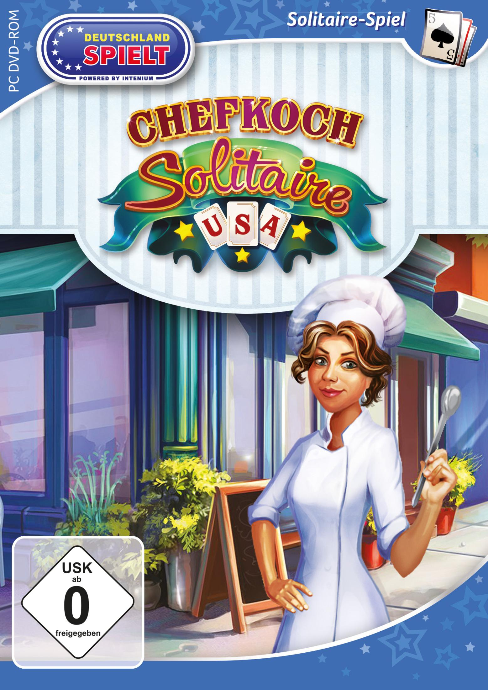 Spielbox zeigt einen Koch vor einem Restaurant mit dem Text 'Chefkoch Solitaire'.