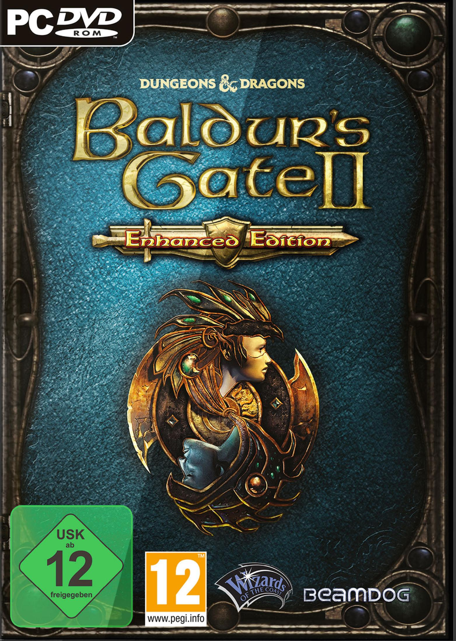 Videospiel-Cover für Baldur's Gate II: Enhanced Edition. Enthält eine Fantasy-Illustration.