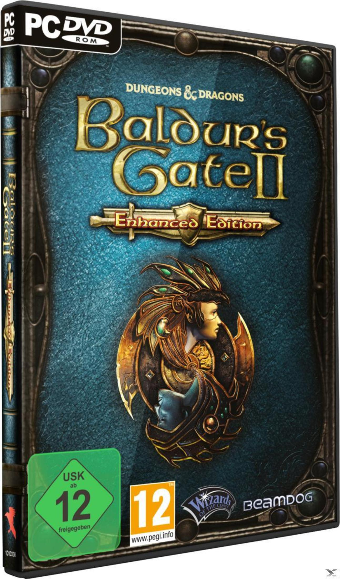 Spielbox: Baldur's Gate II. Fantasy-Artwork. Schwarzer Buchrücken. USK- und PEGI-Bewertungen.