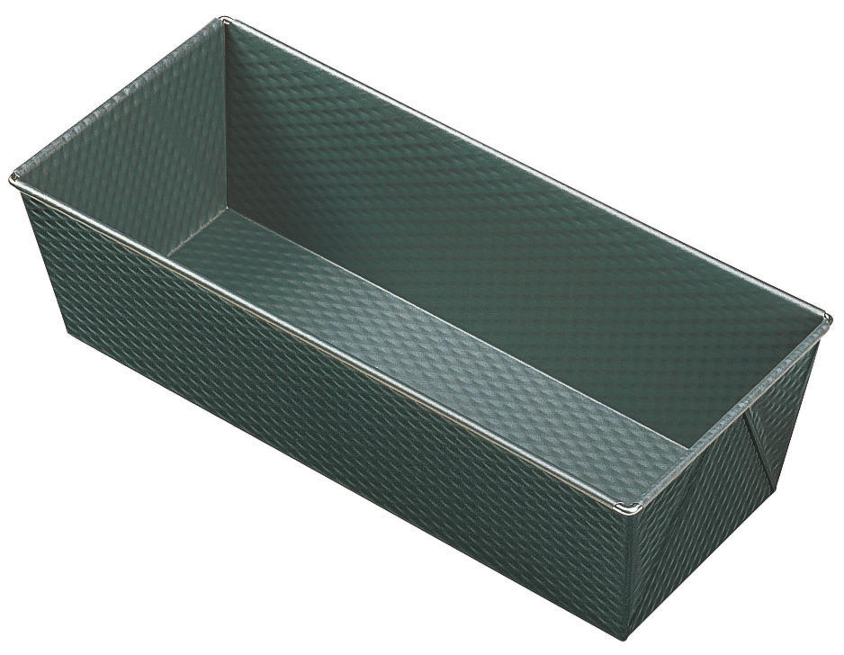 Rechteckige, dunkelgrüne Brotform mit strukturiertem Design und Silberrand.