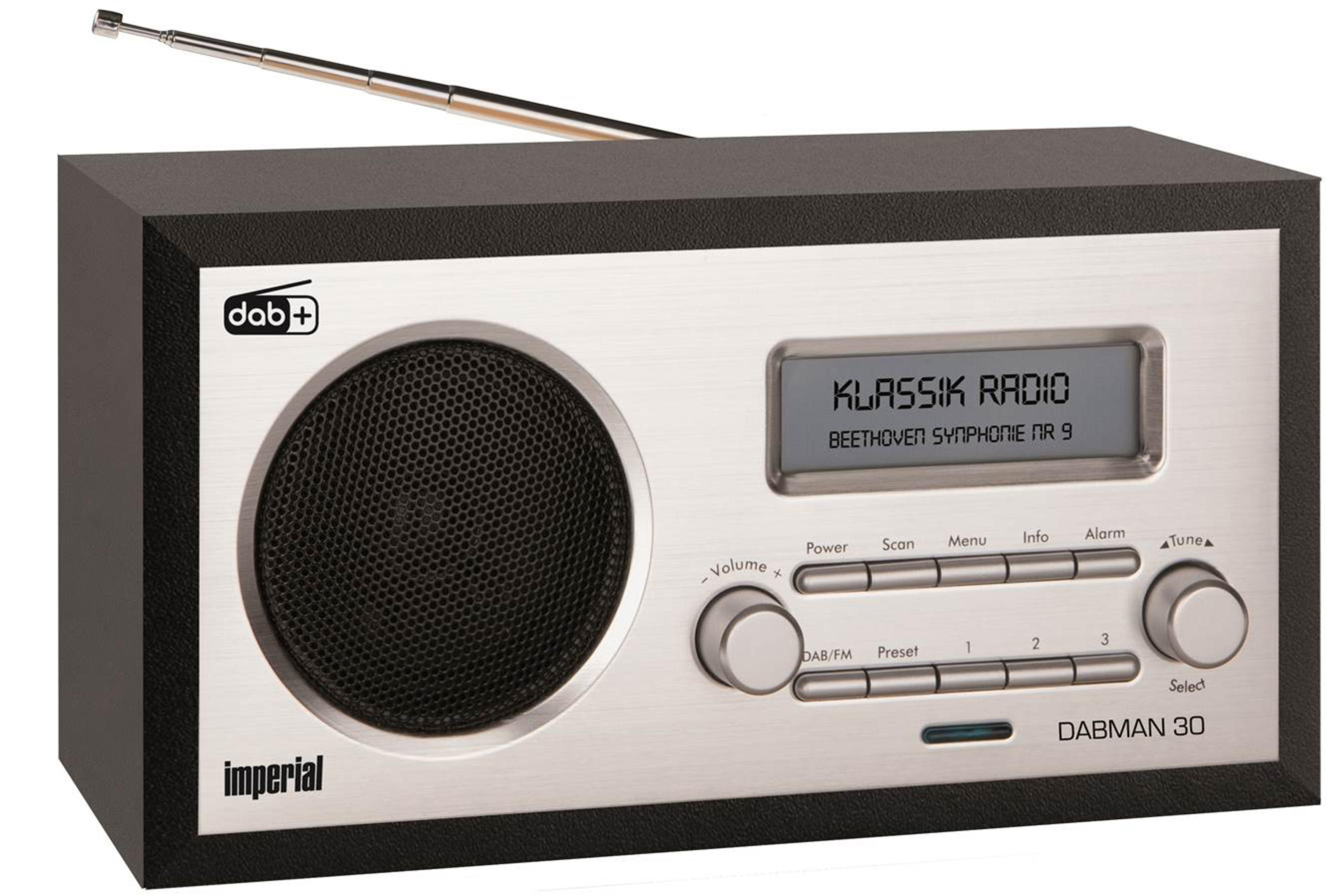 Srebrno-czarne radio z ekranem wyświetlającym Klassik Radio.