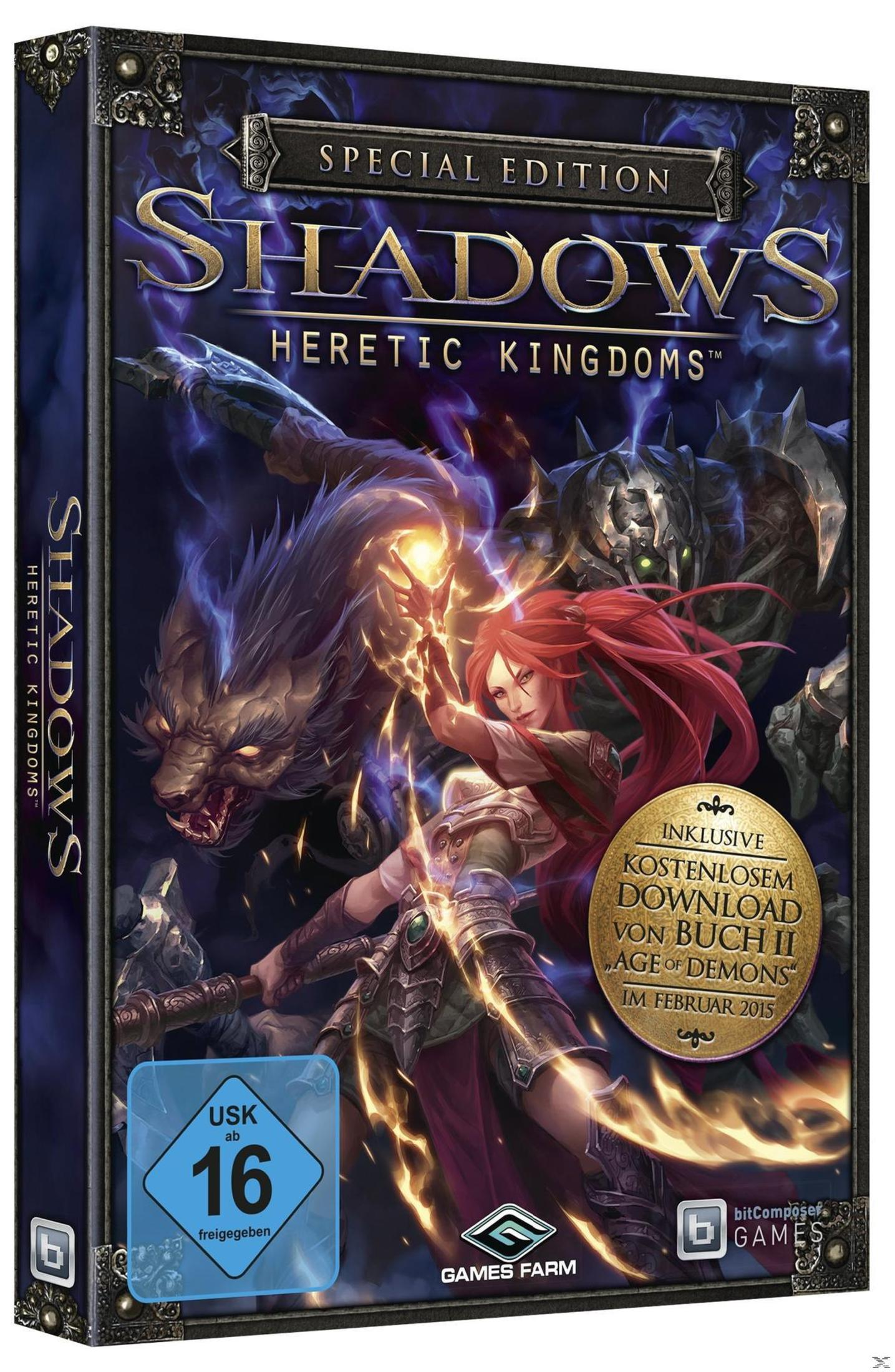 Special Edition Shadows: Heretic Kingdoms Spielkoffer mit einer Frau und einem Wolf.