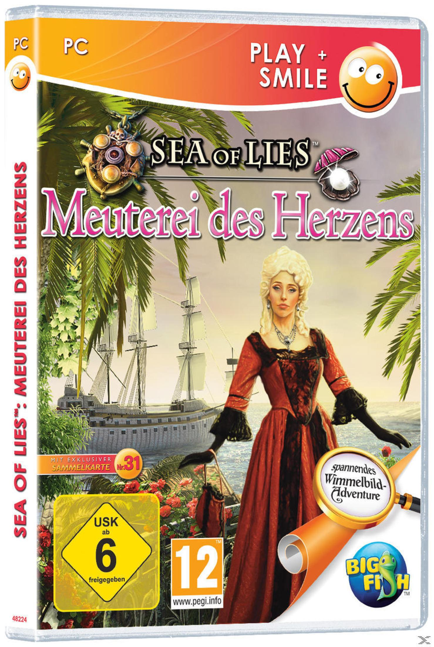 Spielbox. Frau mit rotem Kleid, Schiff, Meer. Palmen und eine Lupe.
