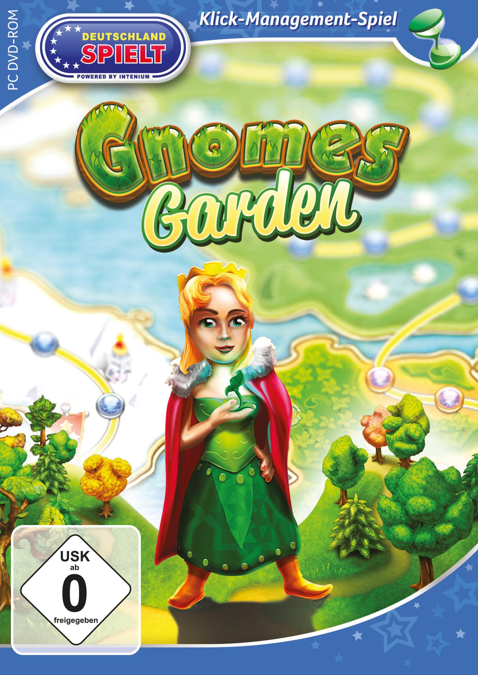 Gnomes Garden-Spielverpackung. Eine Prinzessin hält eine Blume. Der Hintergrund zeigt eine Karte und Landschaft.