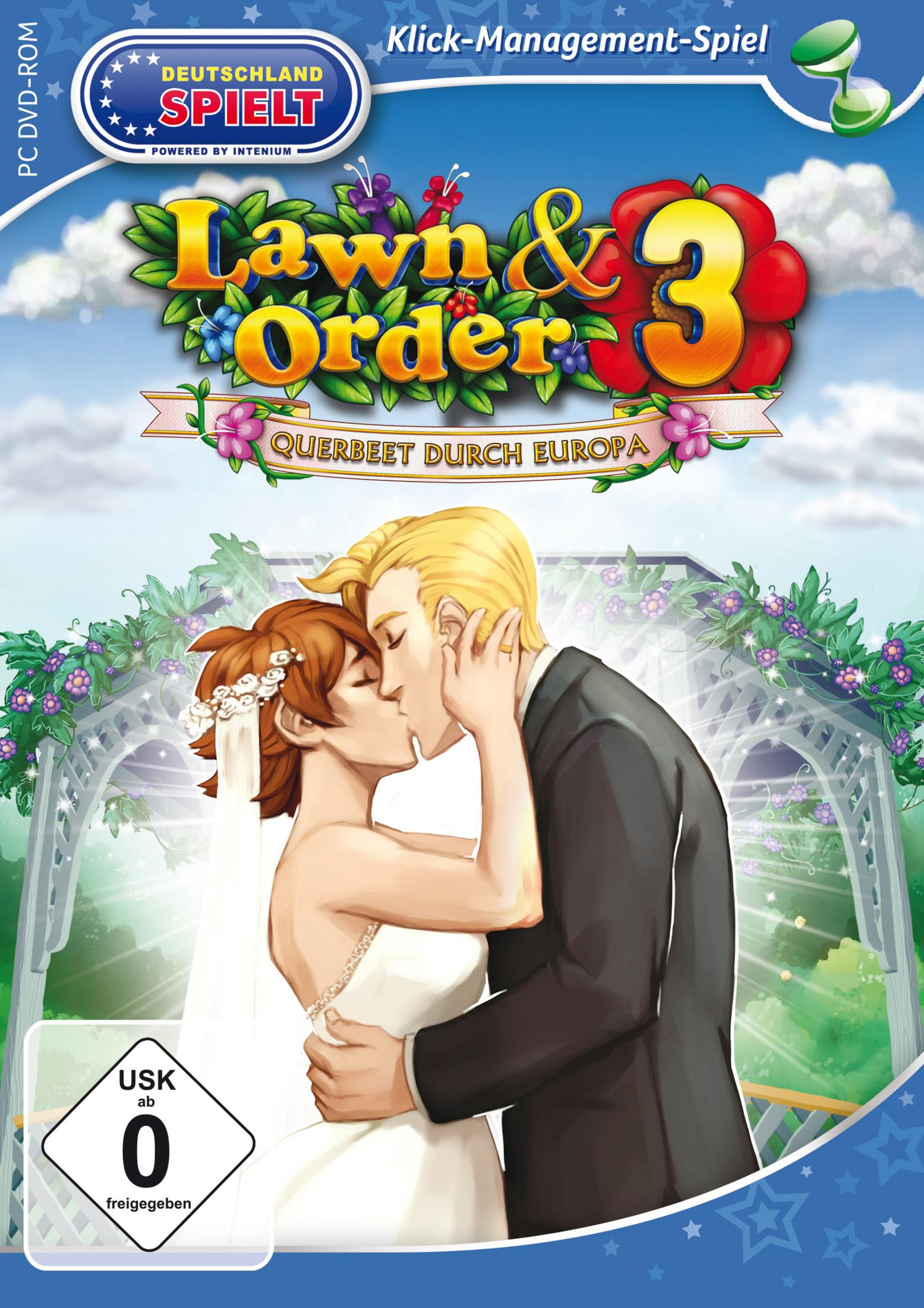 Lawn & Order 3 Spielcover. Ein Paar küsst sich unter einem Bogen mit Blumen. Text auf Deutsch.