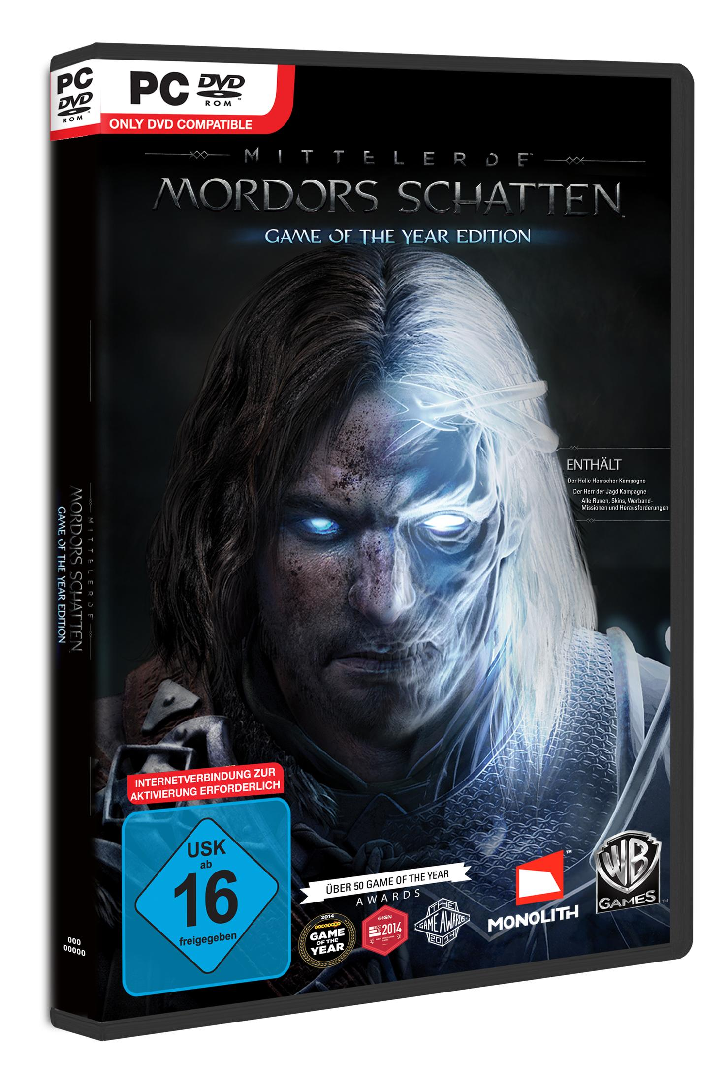 Das Spielcover von Mittelerde: Schatten von Mordor. Das Cover zeigt ein dunkles Bild eines Kriegers mit leuchtenden Augen.