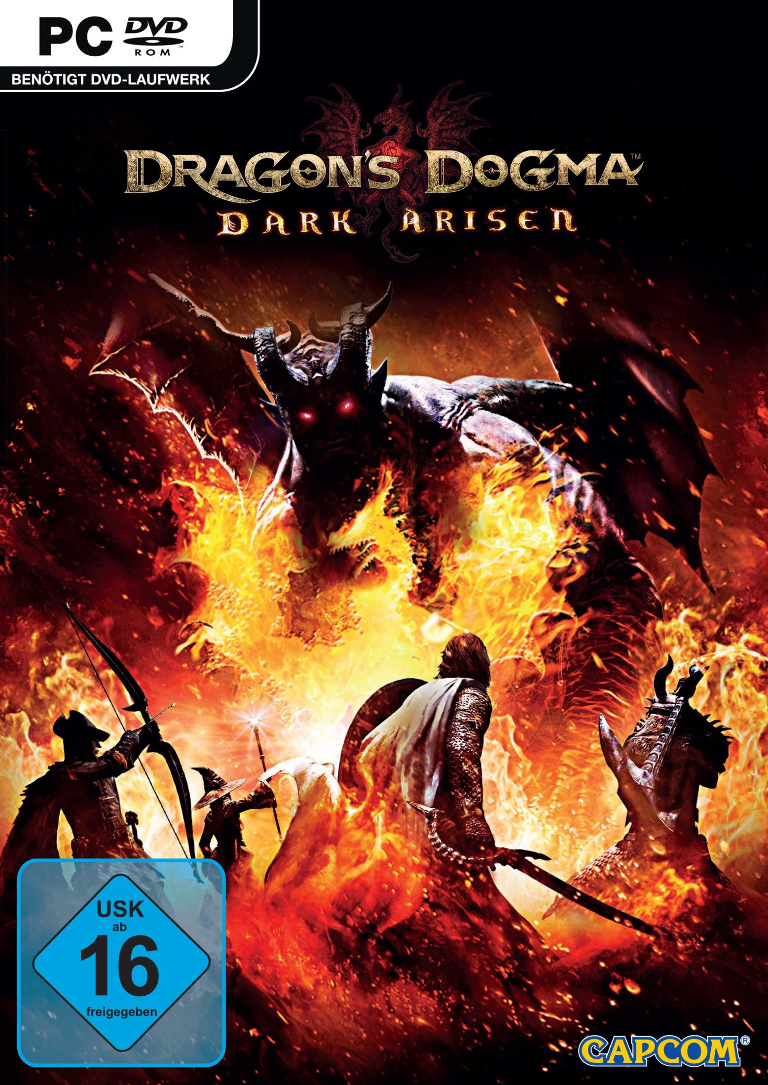Dragon's Dogma: Dark Arisen Spielcover. Kriegerfiguren in Flammen, ein Drache und ein Dämon.