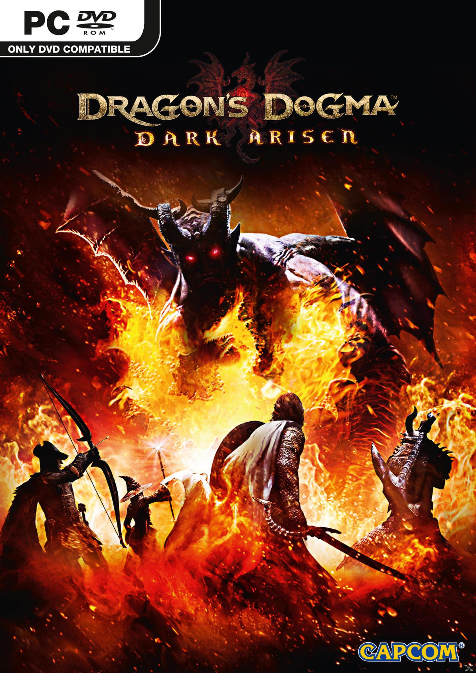 Dragon's Dogma Dark Arisen Spielbox mit Drachen, Kriegern und feurigem Hintergrund.