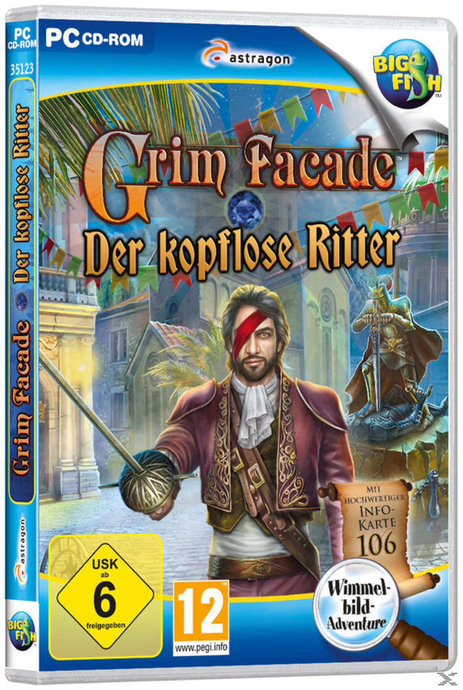 Spielverpackung von 'Grim Facade: Der kopflose Ritter' mit einem Mann.