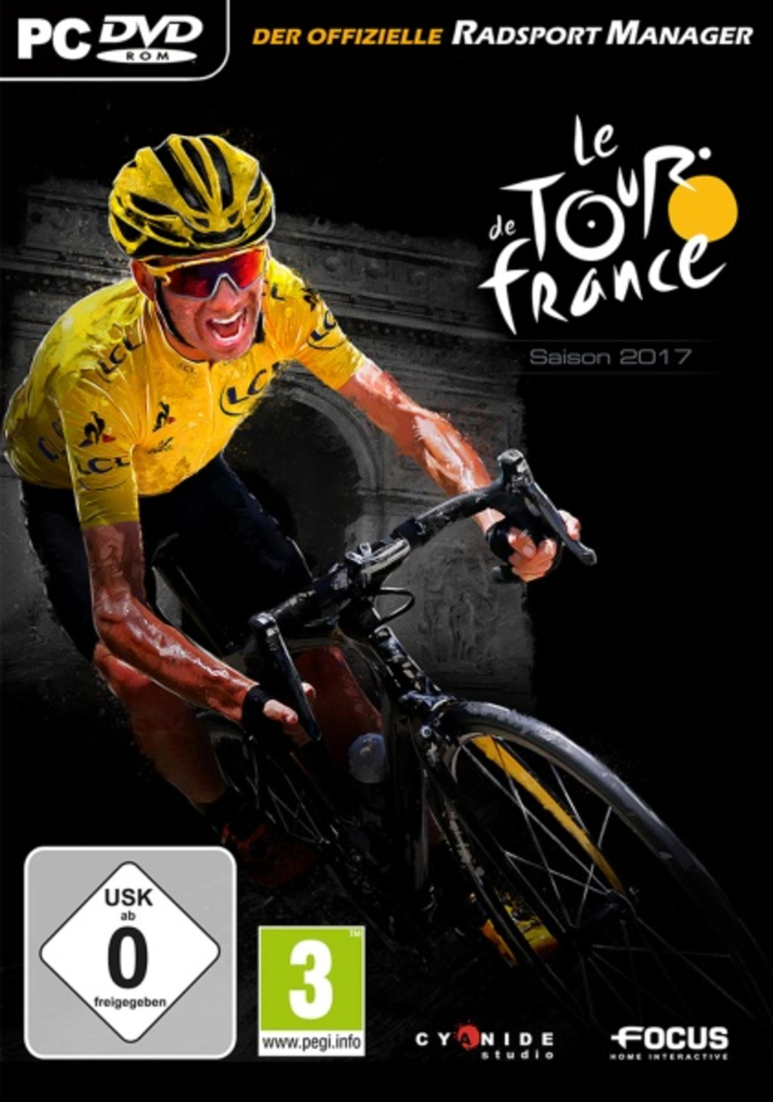 Spielcover: Radfahrer im gelben Trikot fährt Rad, Le Tour de France 2017 Text. Schwarzer Hintergrund.