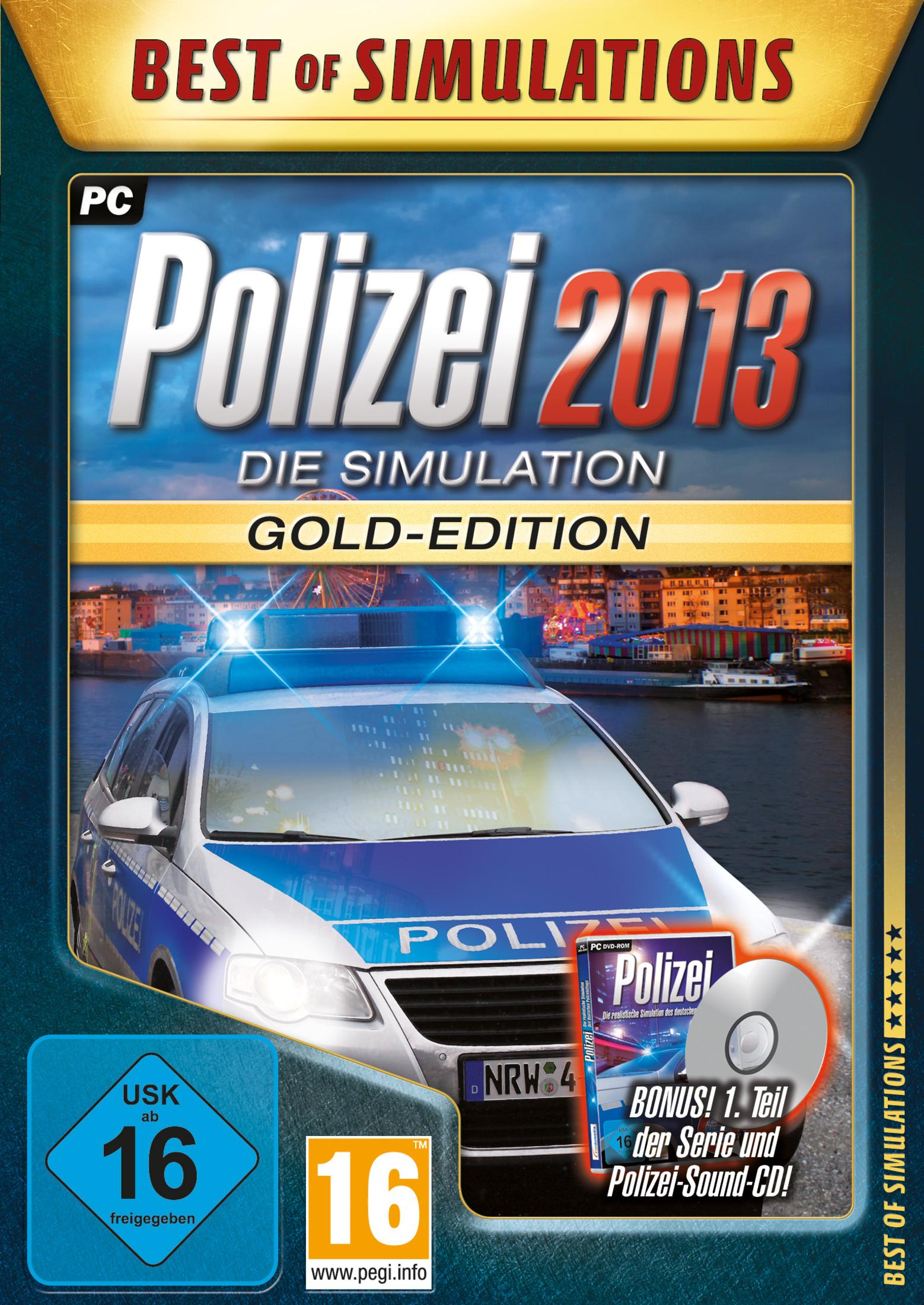 Spielcover für 'Polizei 2013'. Polizeiauto und Skyline im Hintergrund. CD-Bonus enthalten.