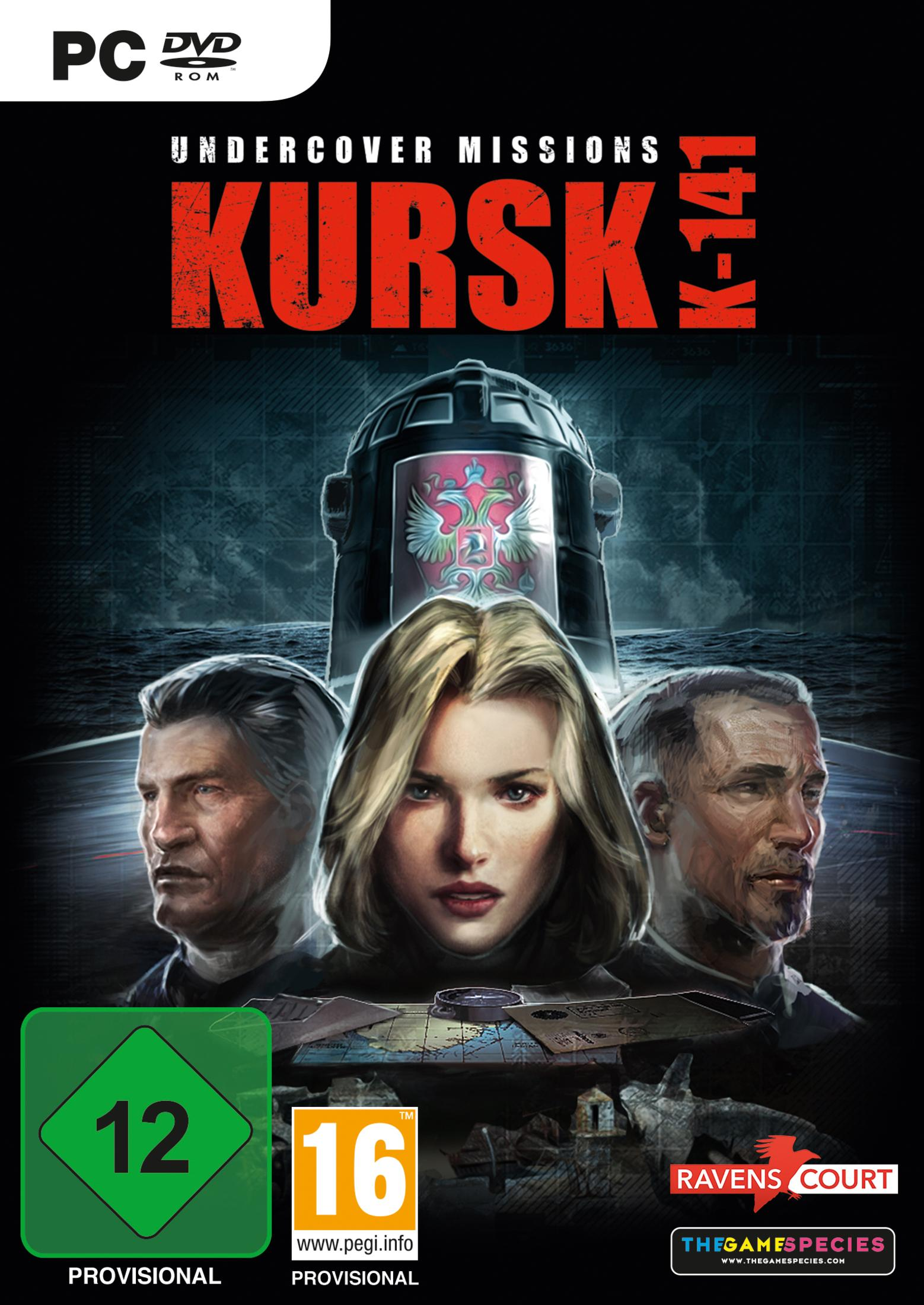 Die Videospielbox Kursk K-141 mit einer Frau und zwei Männern auf der Vorderseite. Der Text 'Kursk' ist prominent.