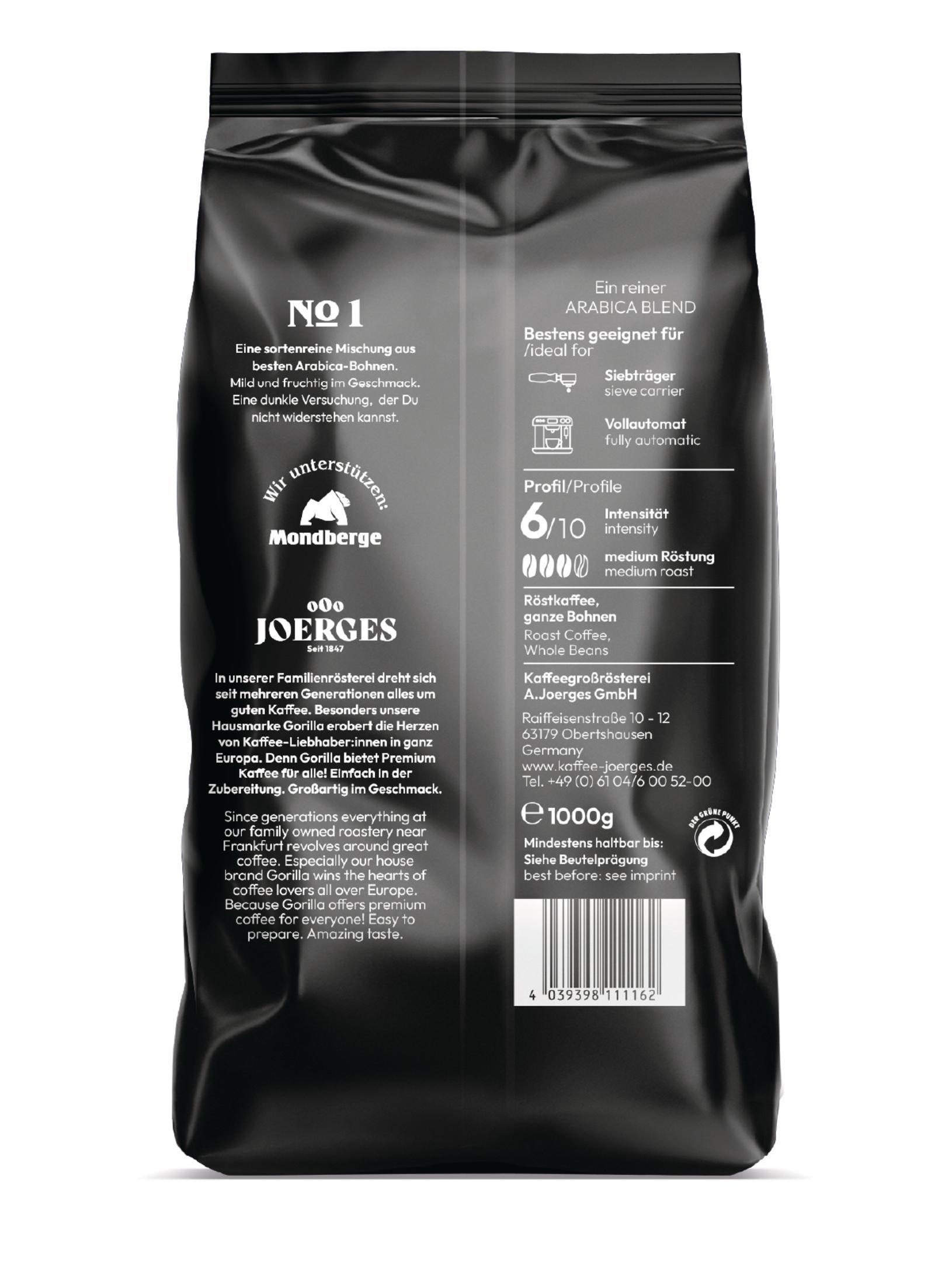 Un sacchetto di caffè nero con testo e un logo. Sfondo bianco. Miscela arabica.