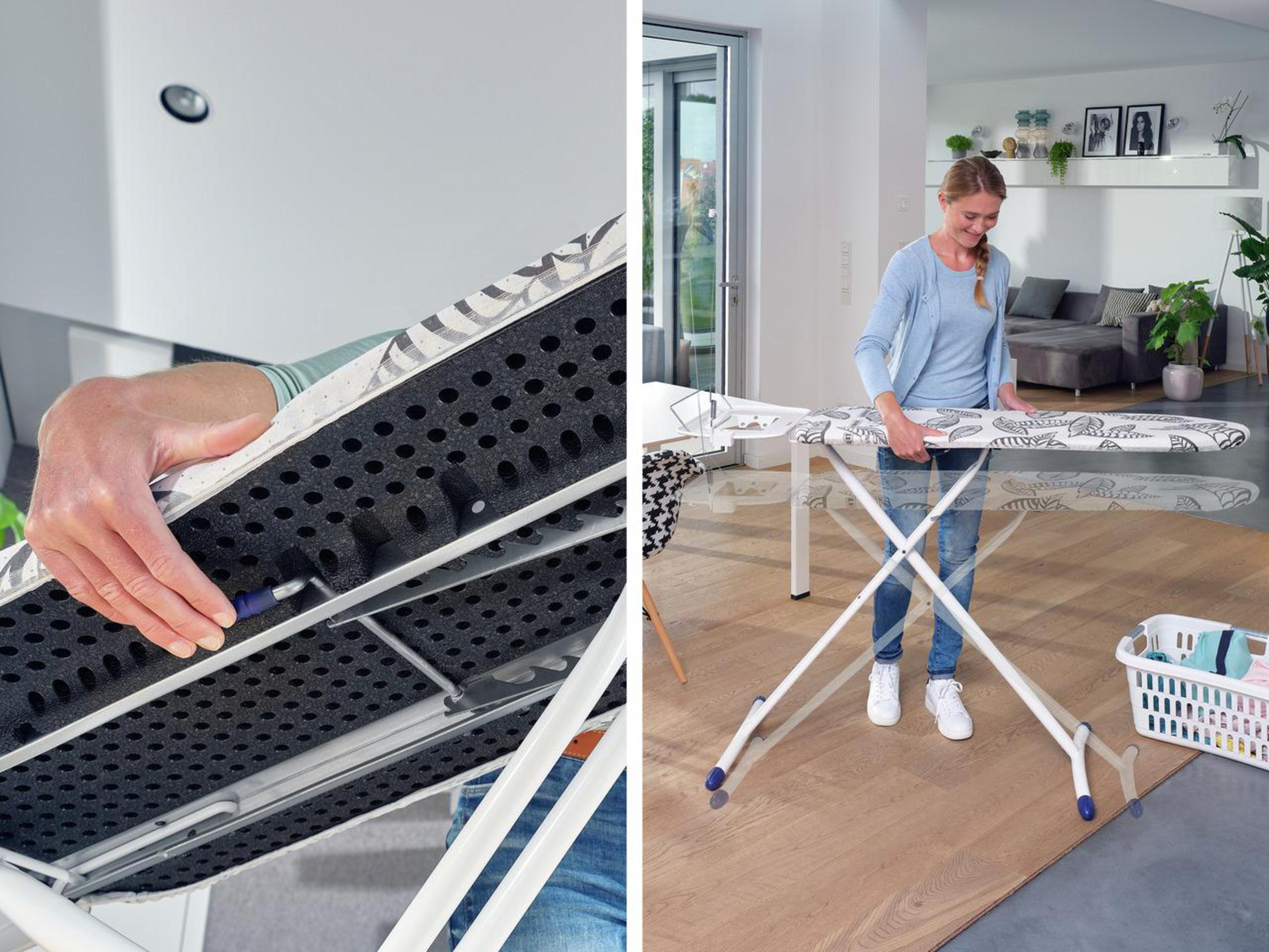 Person montiert ein Bügelbrett; Innenansicht mit schwarzem Schaumstoff und eine Frau beim Bügeln.