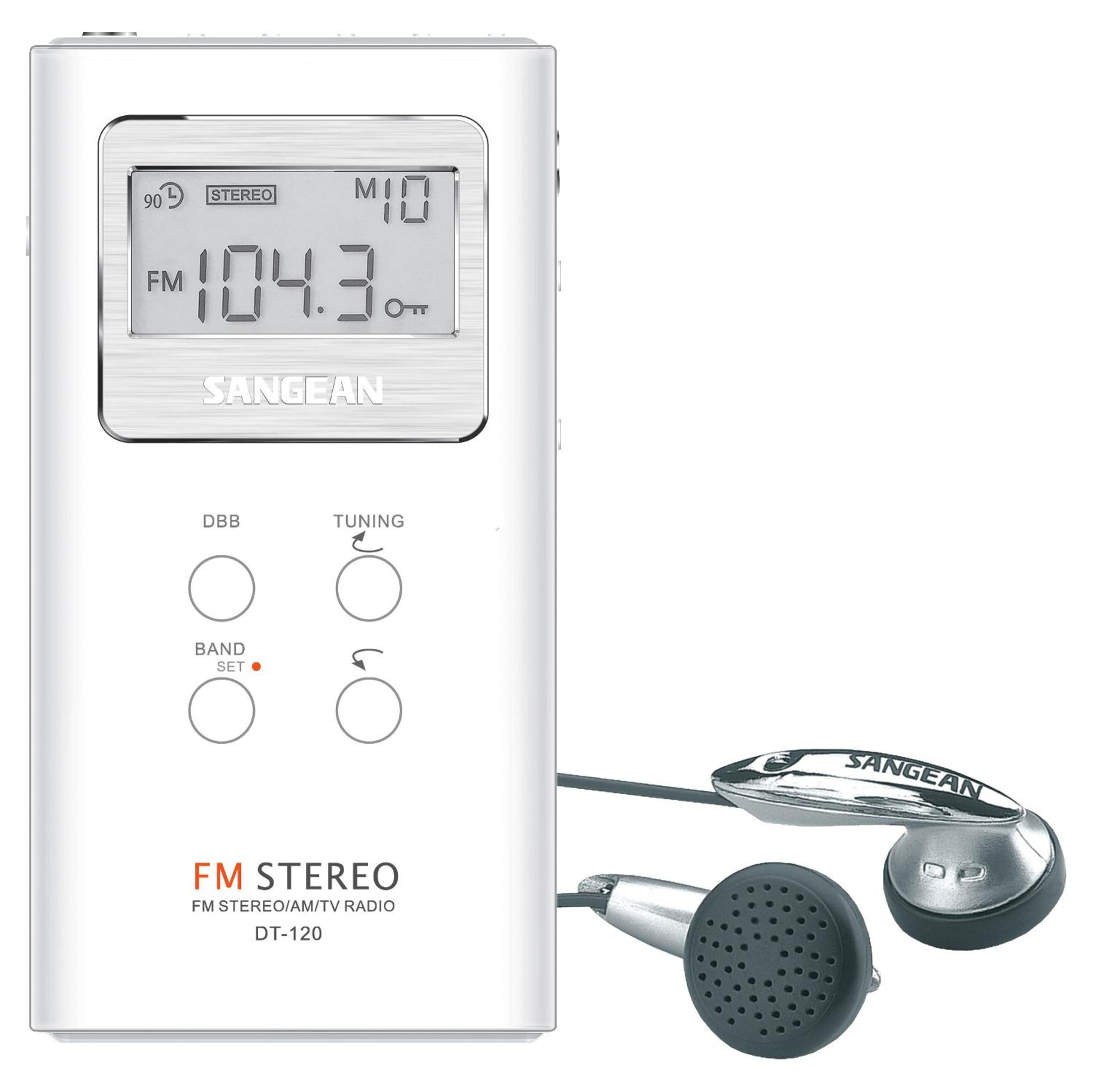 Weißes tragbares FM-Stereo-Radio mit Kopfhörern. Der Bildschirm zeigt die Frequenz 104,3.