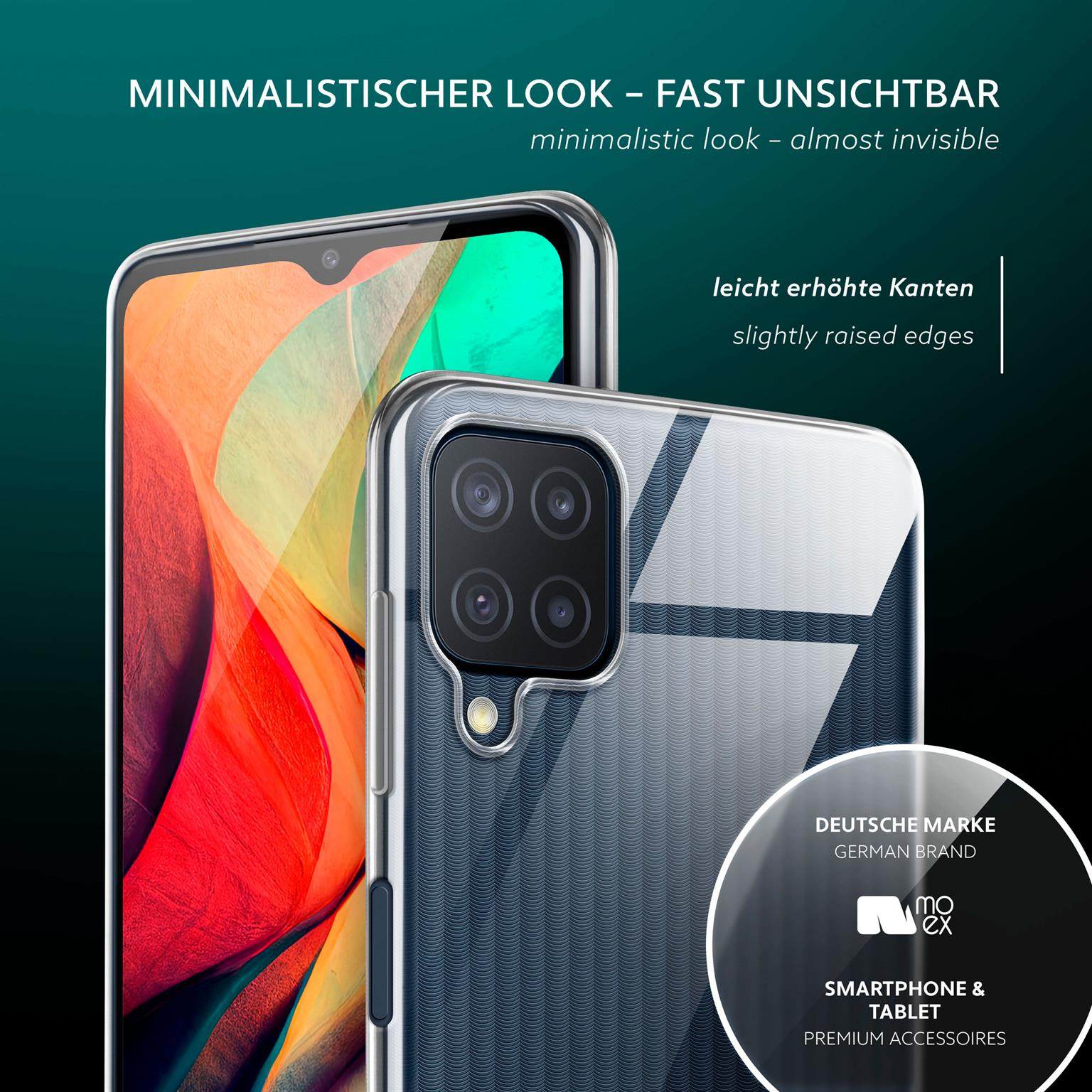 Zwei Handyhüllen werden gezeigt, eine mit durchsichtigem Rückteil und die andere mit farbenfrohem Design.