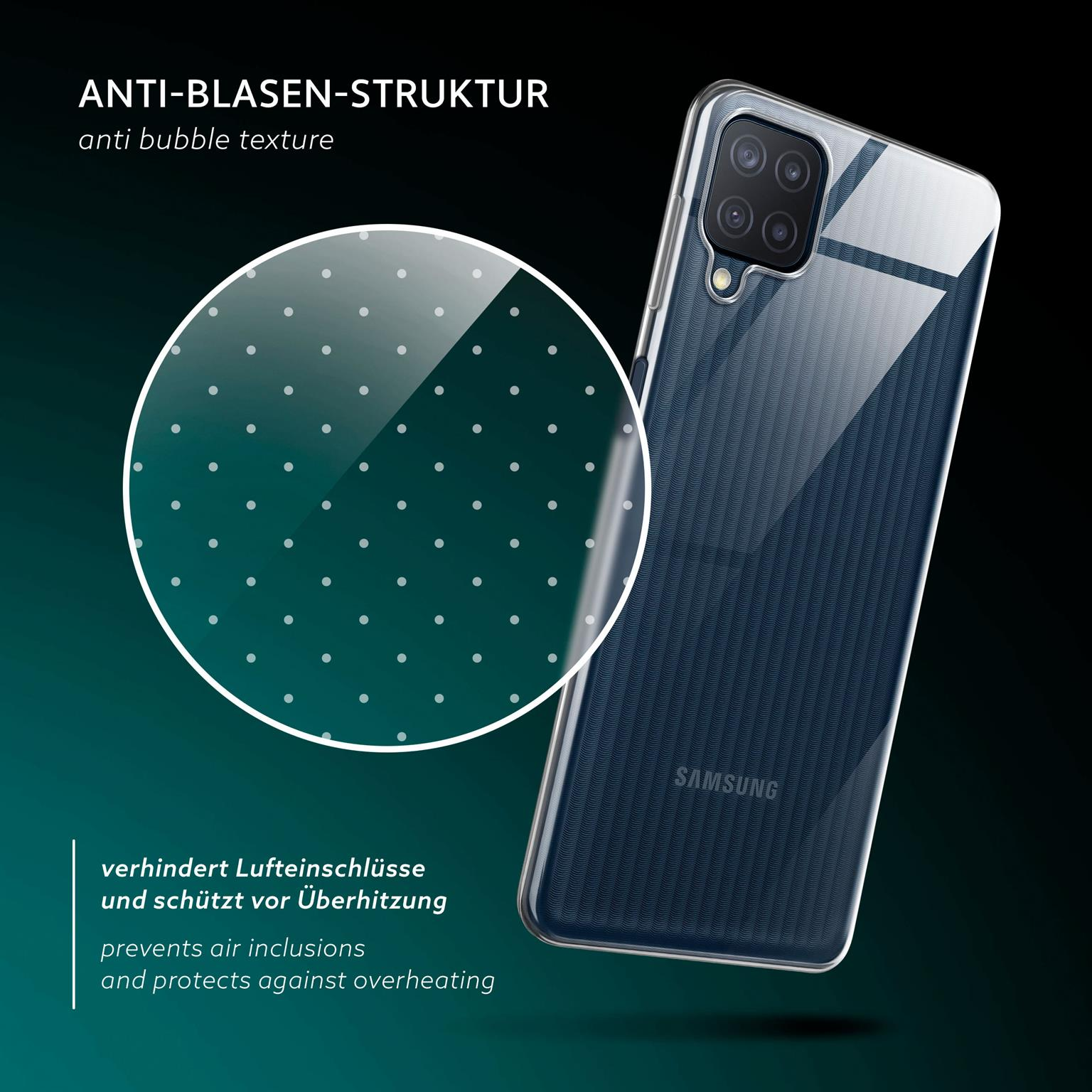 Klare Handyhülle auf einem Telefon. Es zeigt einen vergrößerten Abschnitt, der die Anti-Blasen-Struktur hervorhebt.