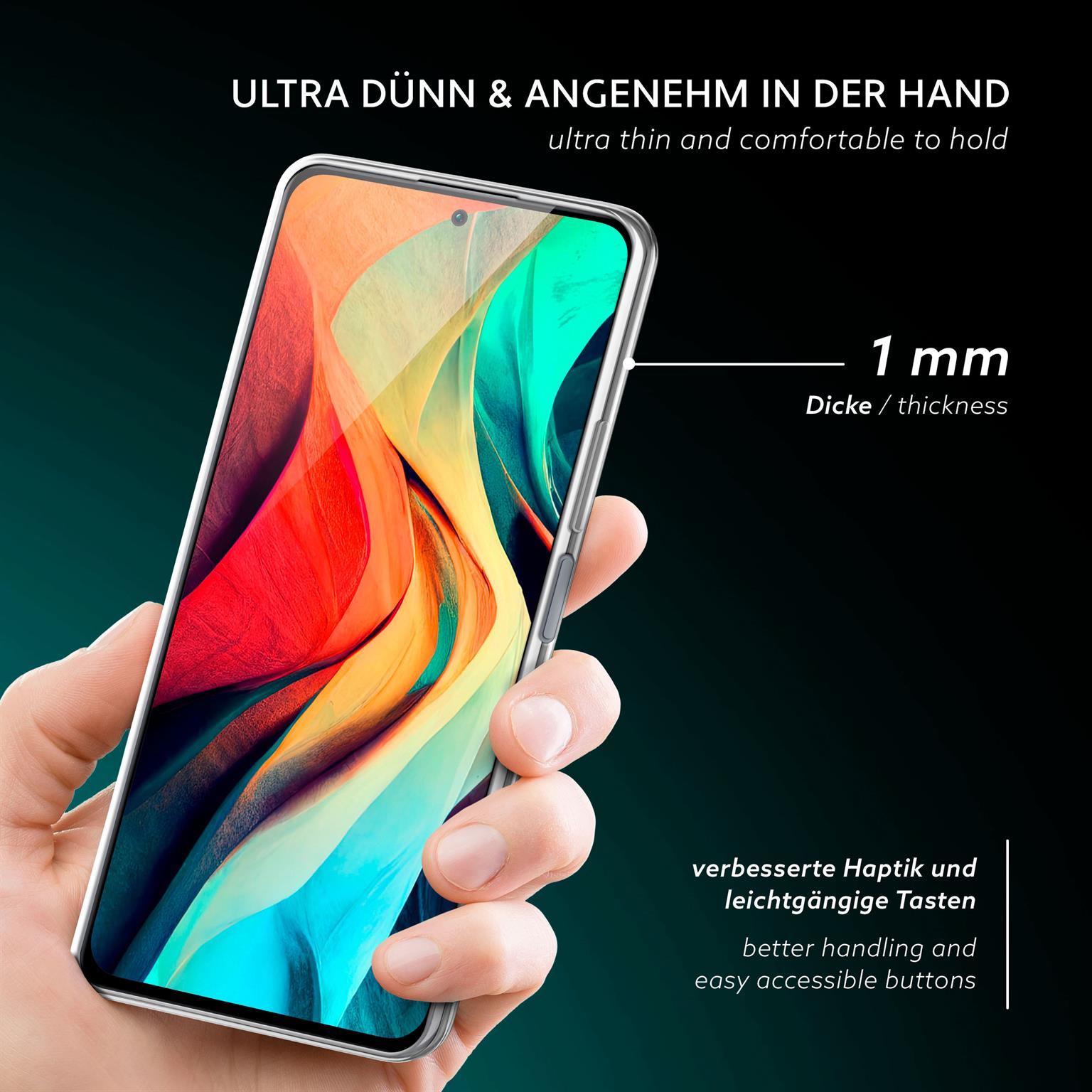 Hand hält ein Telefon mit klarer Hülle. Text sagt, ultradünn und angenehm zu halten.