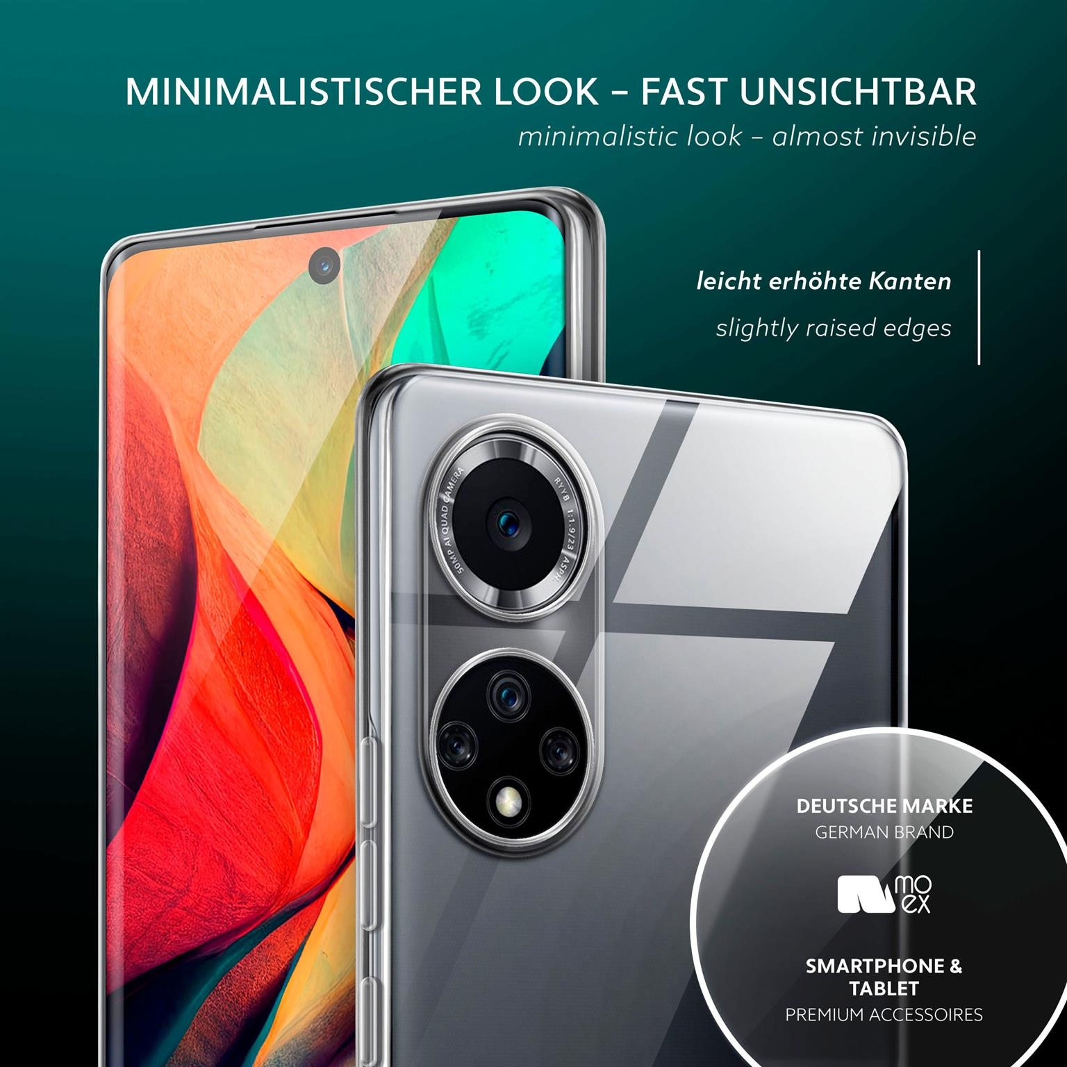 Nahaufnahme von zwei Smartphones, eines mit durchsichtiger Hülle. Text oben und Markenlogo unten.