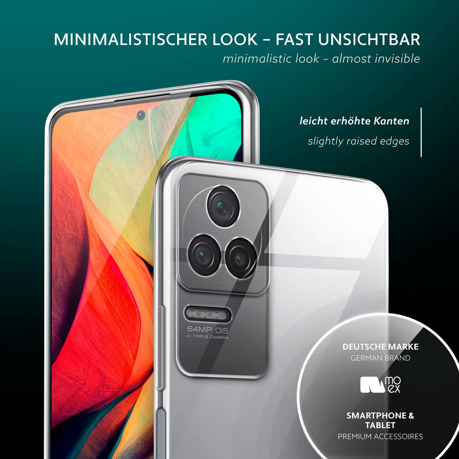 Telefon in klarer Hülle. Es hat einen Kamera-Buckel. Text: Deutsche Marke, Smartphone & Tablet.