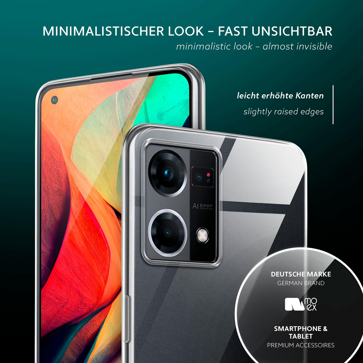 Klare Handyhülle auf einem Telefon. Der Text lautet 'minimalistischer Look'.