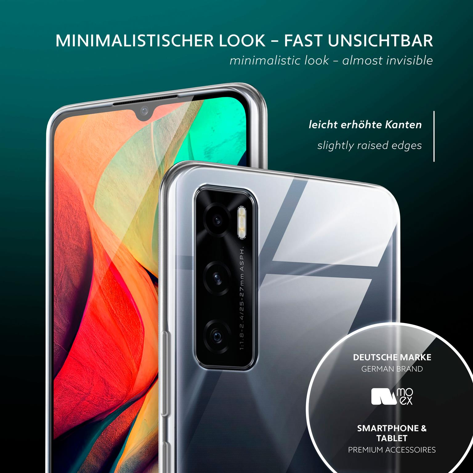 Zwei Handys, Rückseite. Text: Minimalistischer Look, Deutsche Marke.