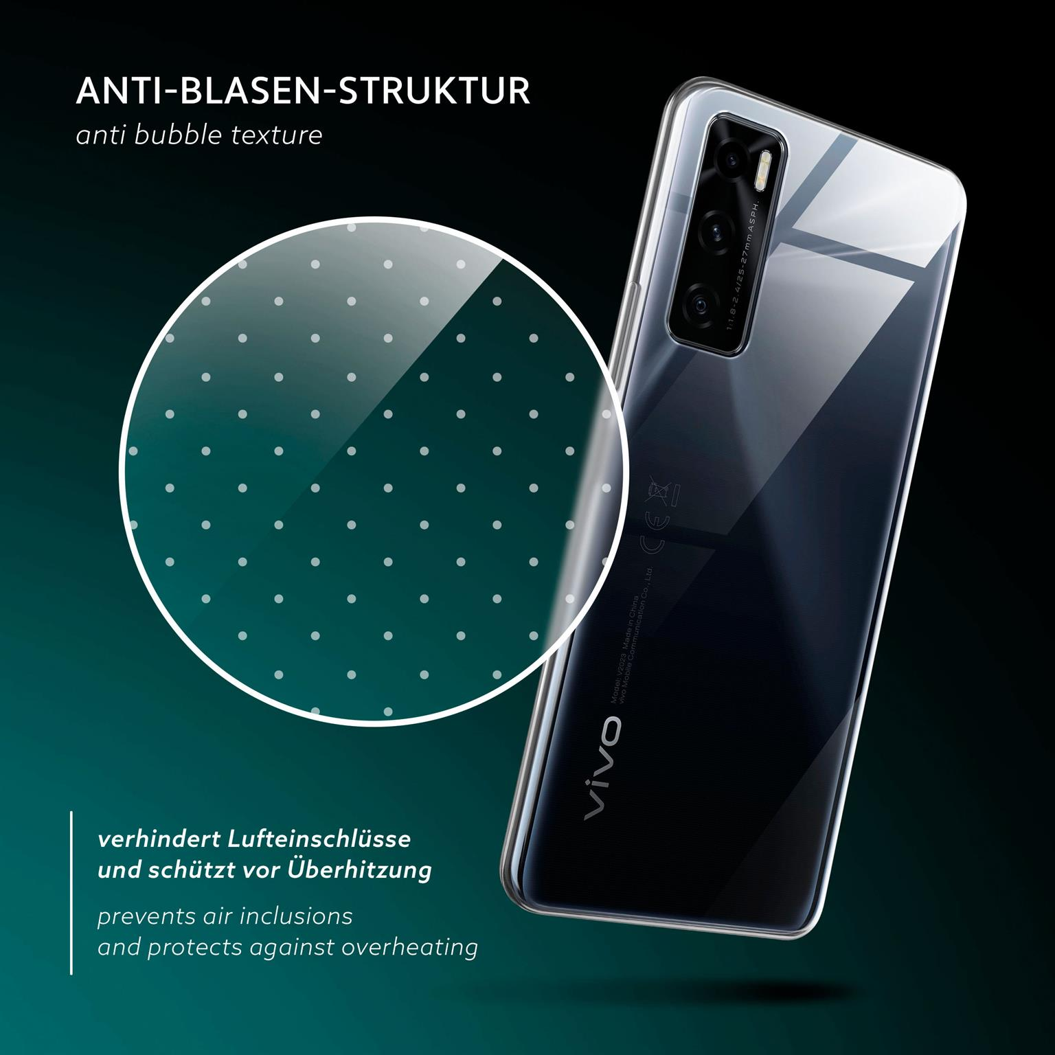 Telefon in klarer Hülle mit Anti-Blasen-Textur-Detail. Verhindert Lufteinschlüsse, schützt vor Überhitzung.