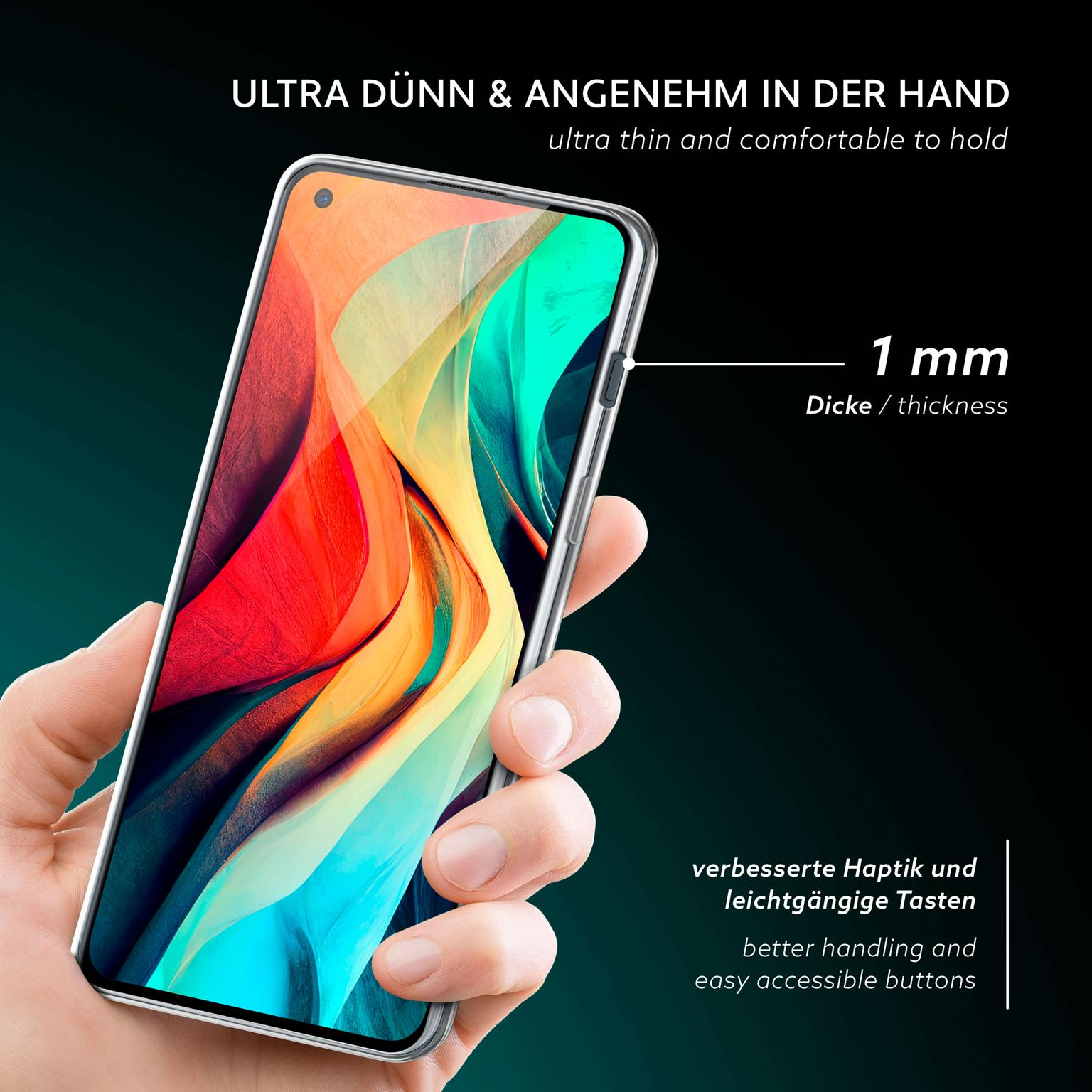 Eine Hand hält ein Telefon in einer transparenten Hülle, Stärke 1mm, mit Text.