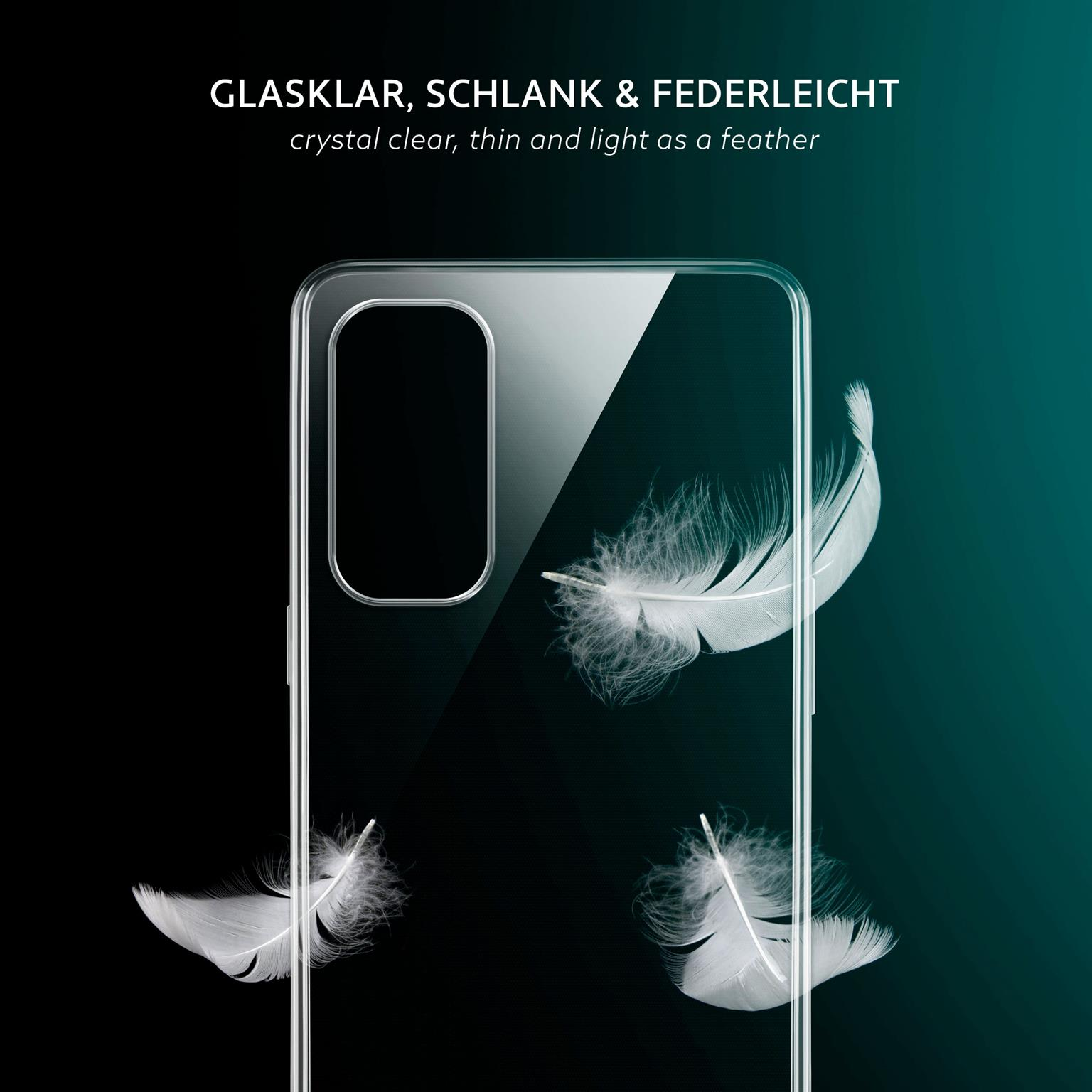 Eine transparente Handyhülle mit weißen Federn, die auf einem dunkel türkisfarbenen Hintergrund schweben. Text oben.