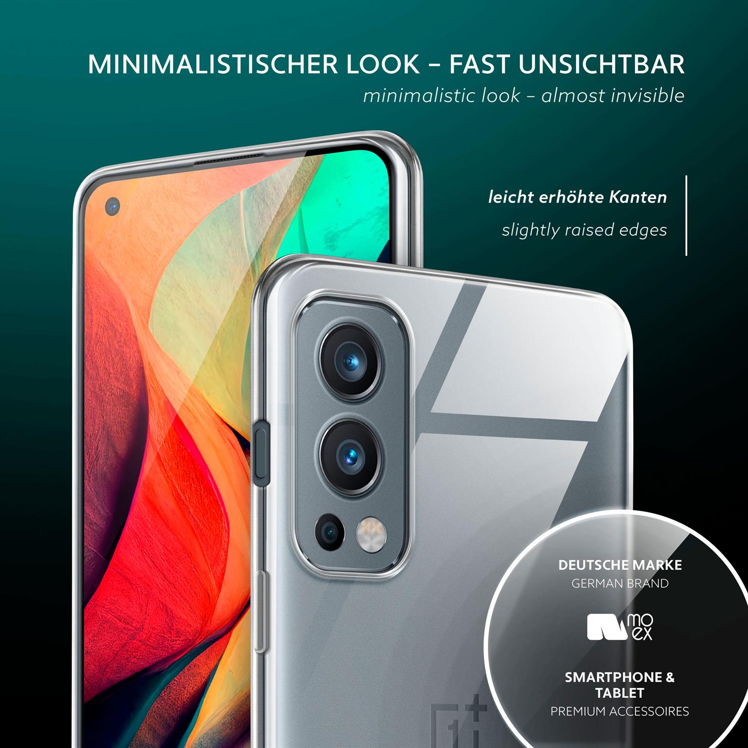 Ein Telefon in einer Hülle mit durchsichtigem Rücken und einem weißen Kreis mit Markenlogo.