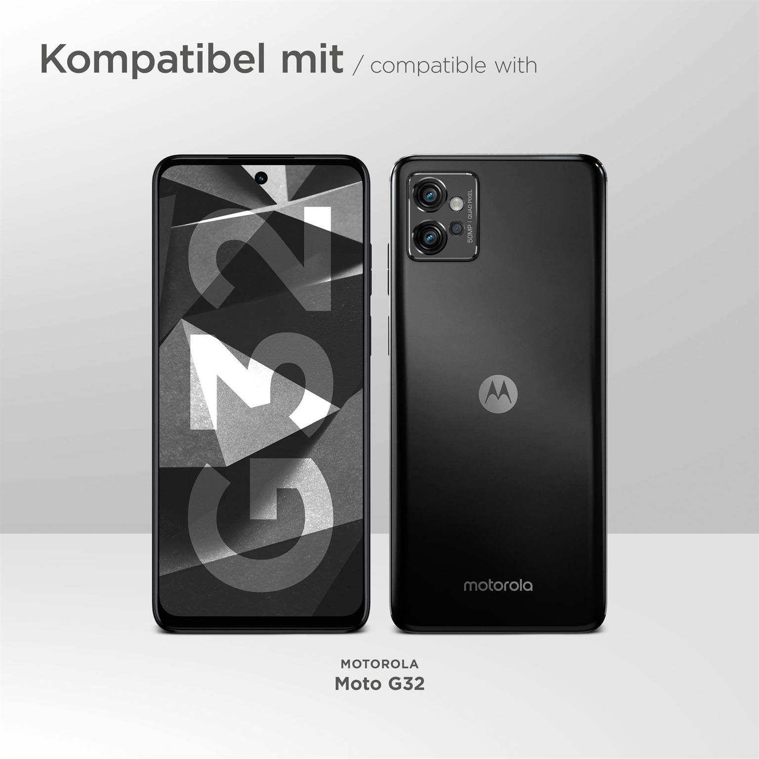 Schwarzes Motorola Moto G32 Smartphone Vorder- und Rückansicht. Die Vorderseite zeigt ein G32 abstraktes Design. Die Rückseite hat Kamera und Logo.